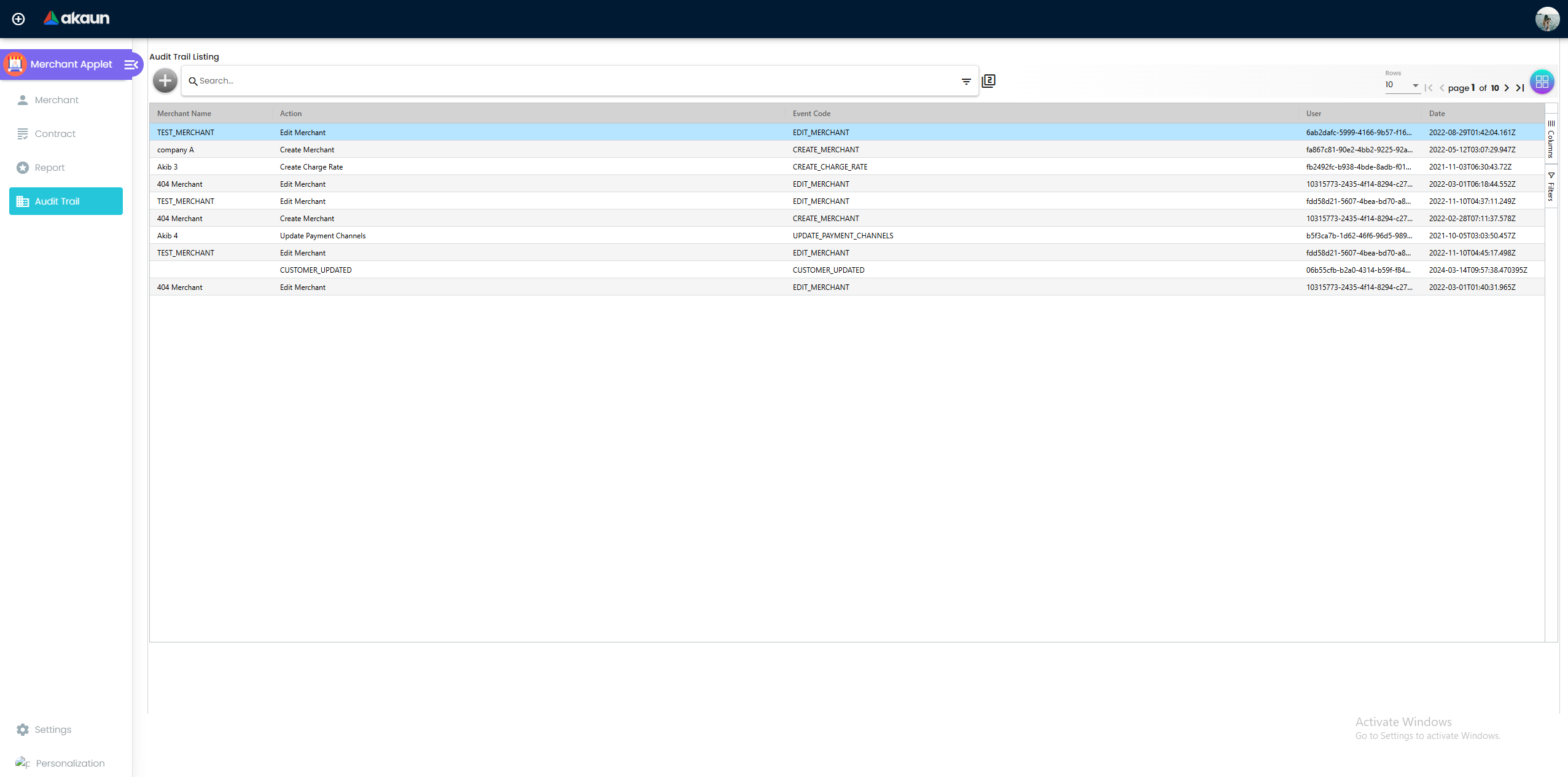 Merchant Audit Trail - immutable log of administrative changes