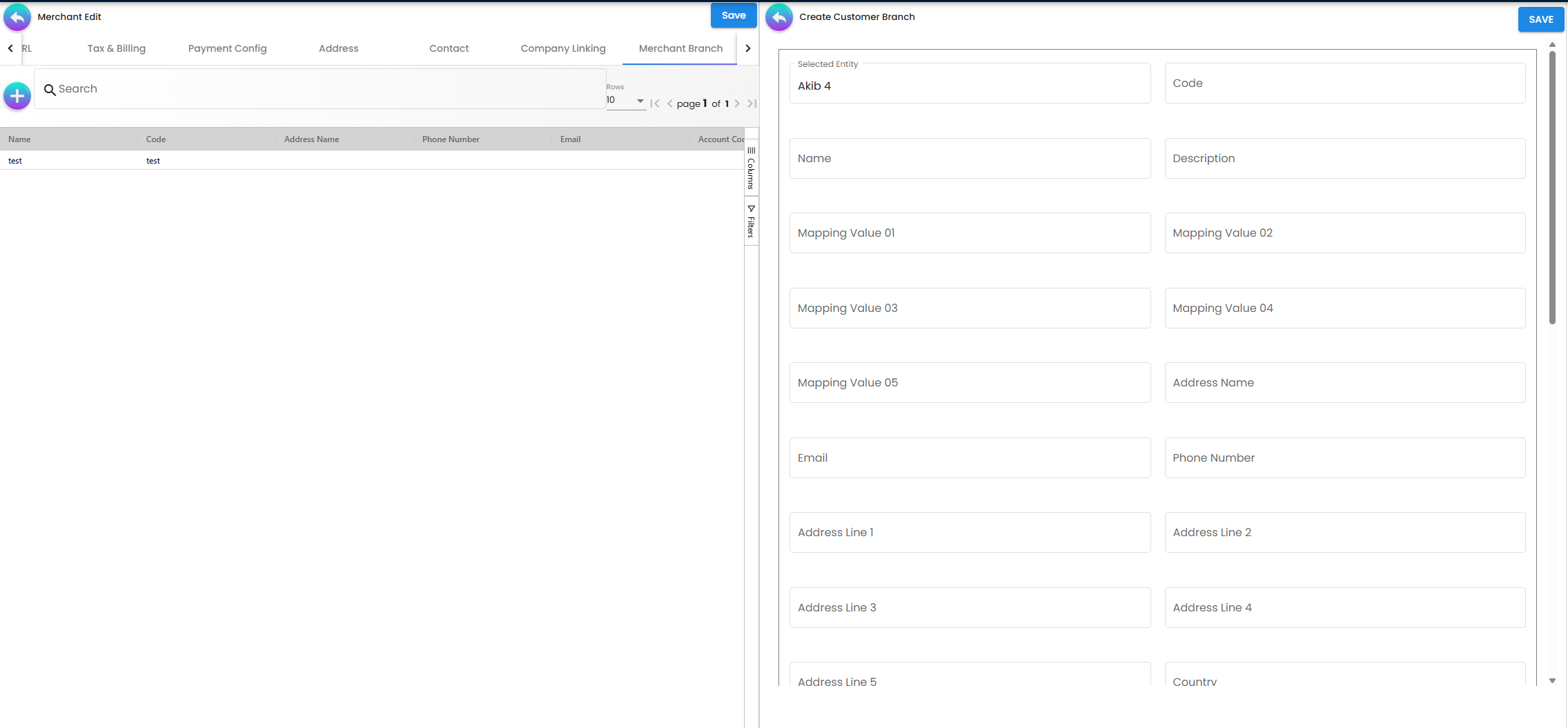 Merchant Branch Tab - intercompany branch relationship settings