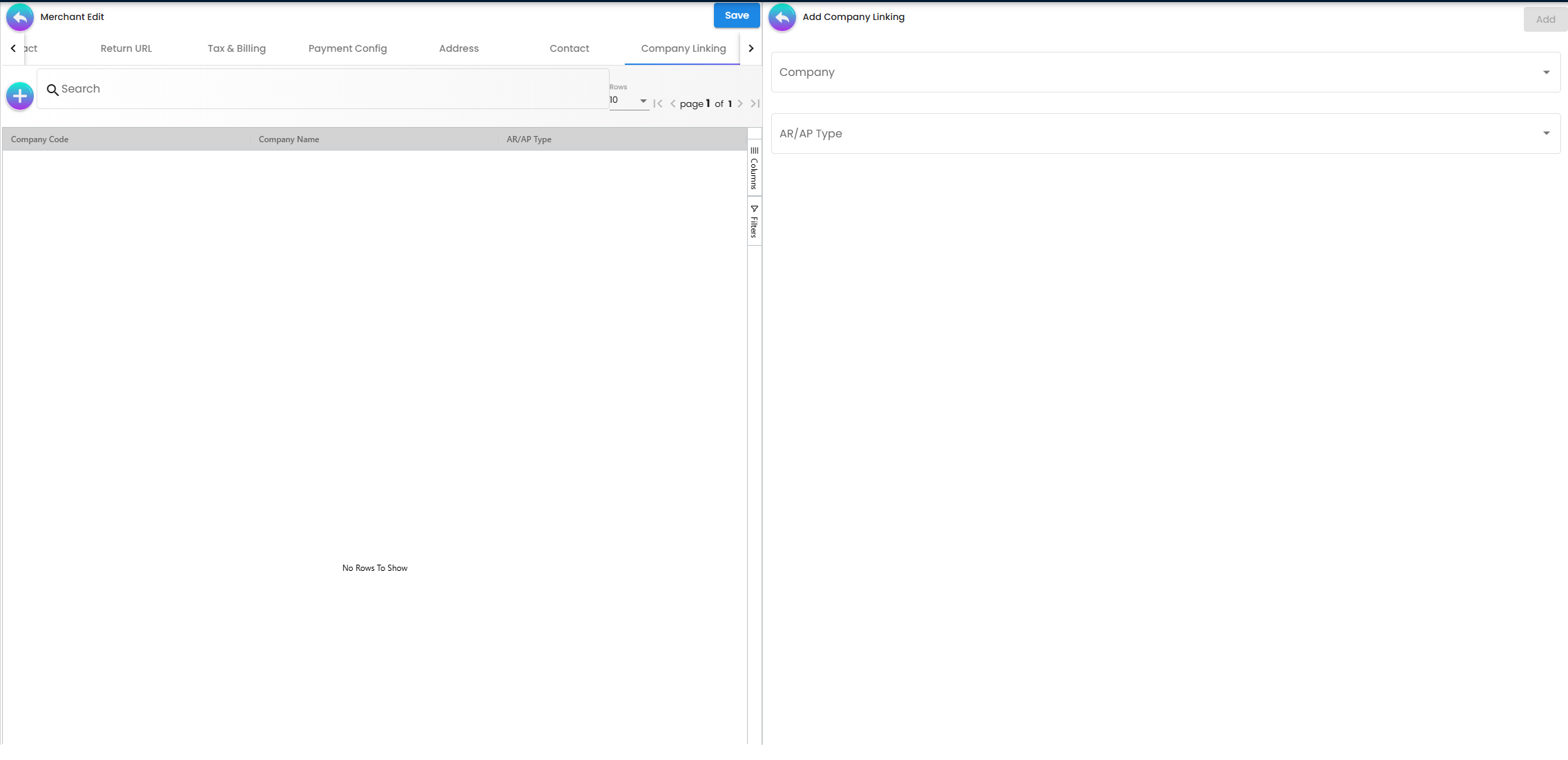 Company Linking Tab - mapping merchant to platform companies for financial posting