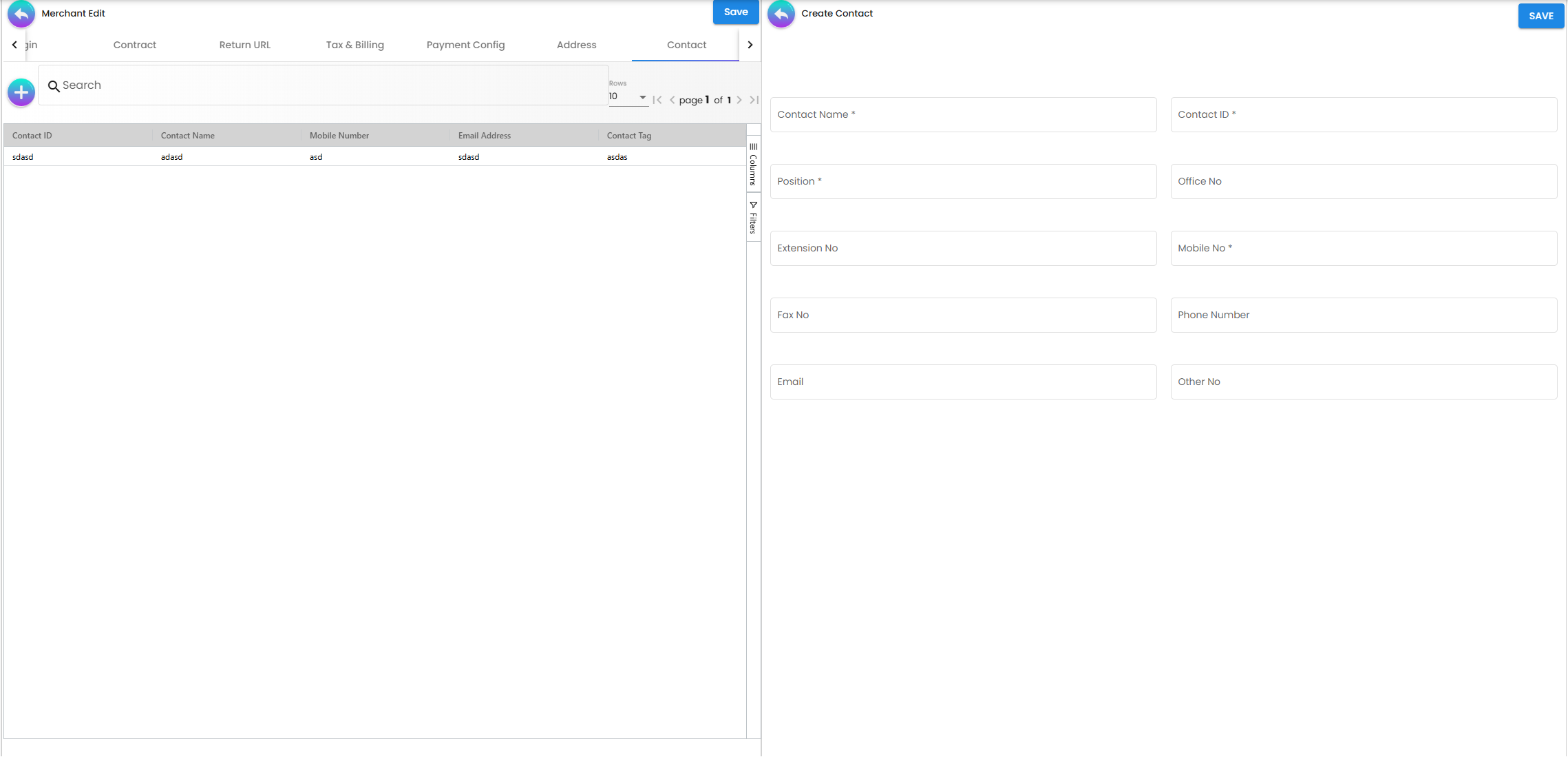 Merchant Contact Tab - directory of key personnel and roles