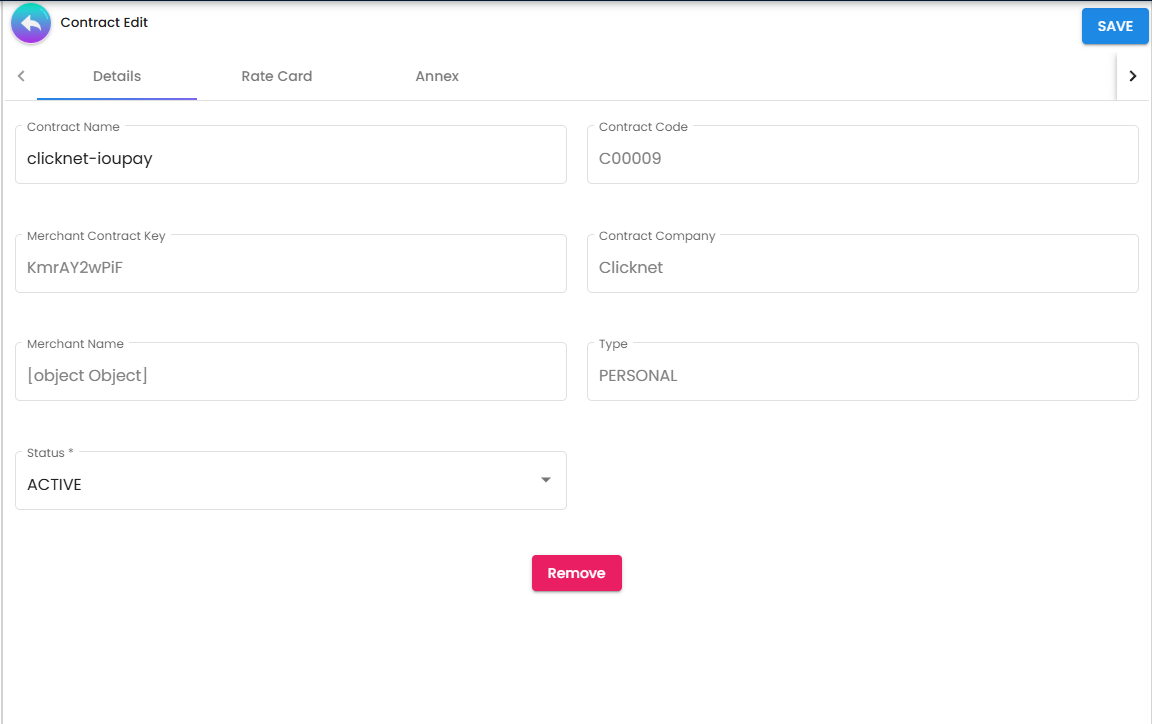 Contract Details Tab - primary agreement parameters and status management