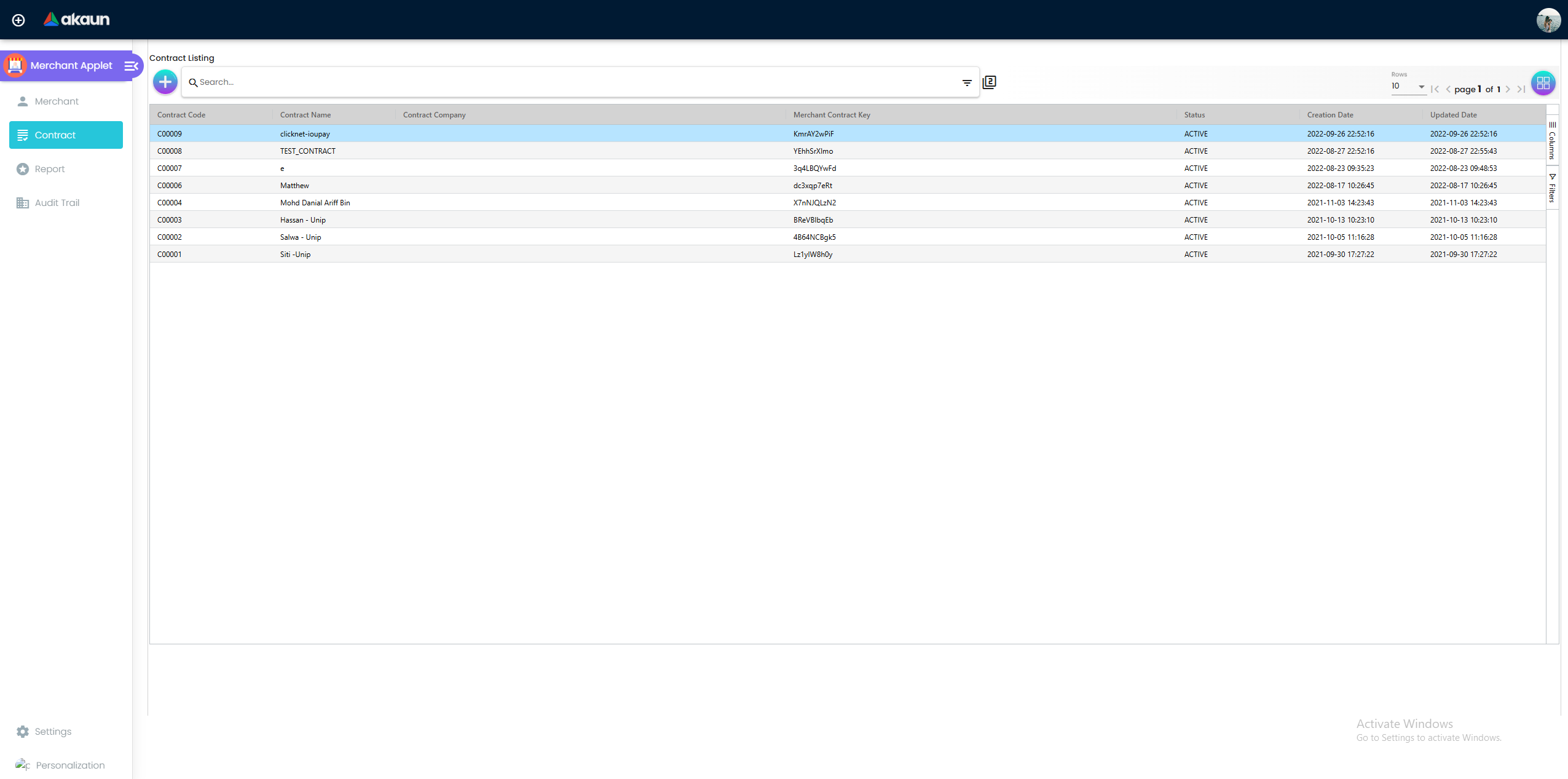 Contract Listing - overview of all commercial agreements across the platform