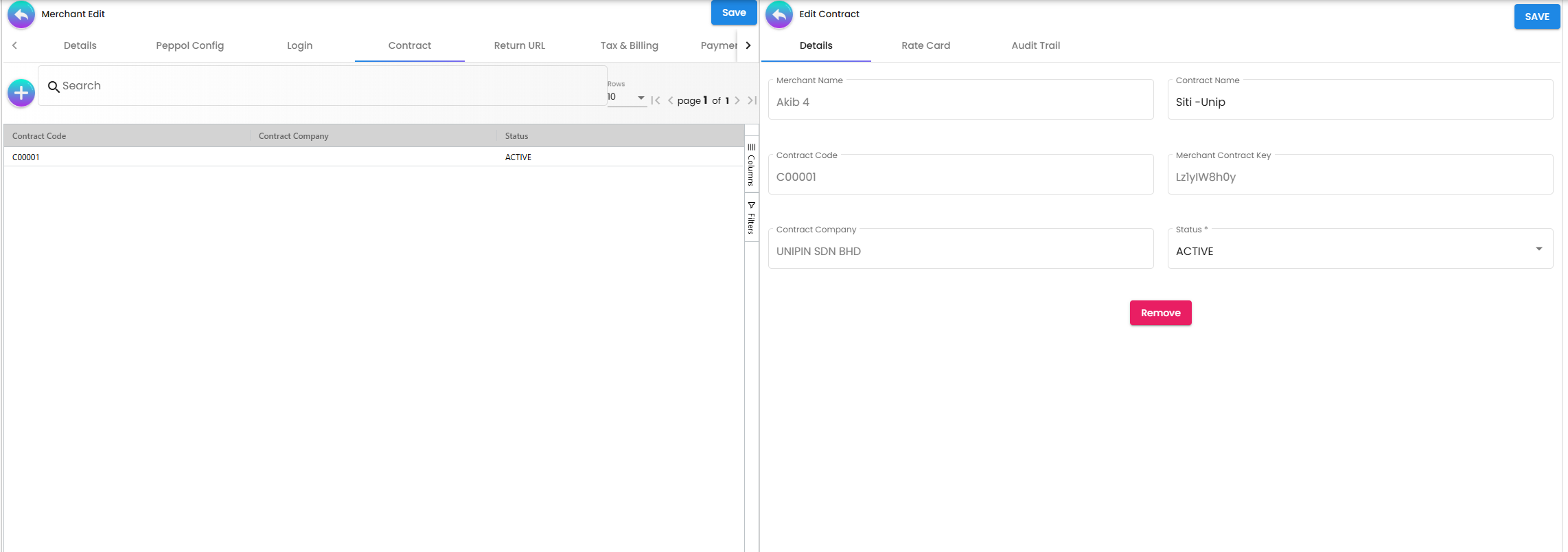 Merchant Contract Tab - summary of agreements associated with this merchant