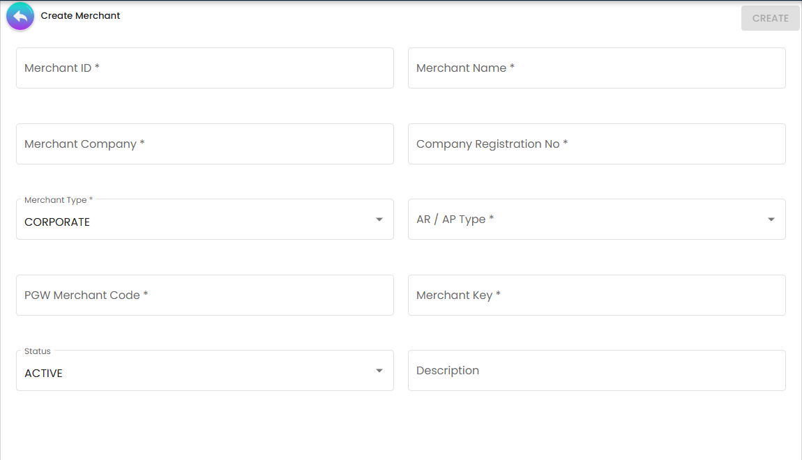 Create Merchant Form - initial registration screen with required identity and credential fields