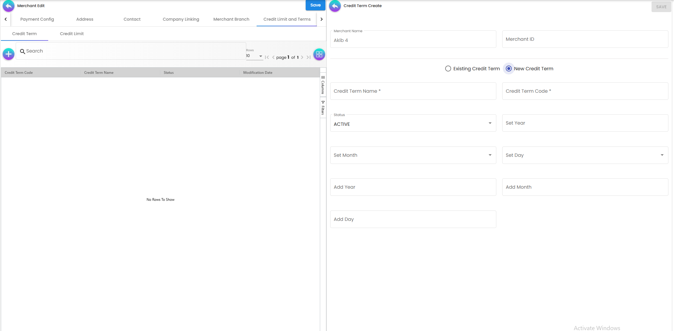 Credit Term Tab - payment deadline configurations