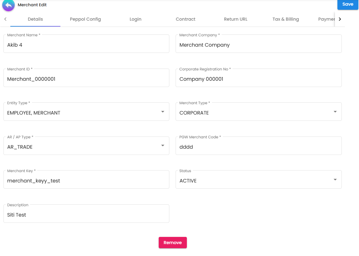 Merchant Details Tab - core profile information and entity classification settings