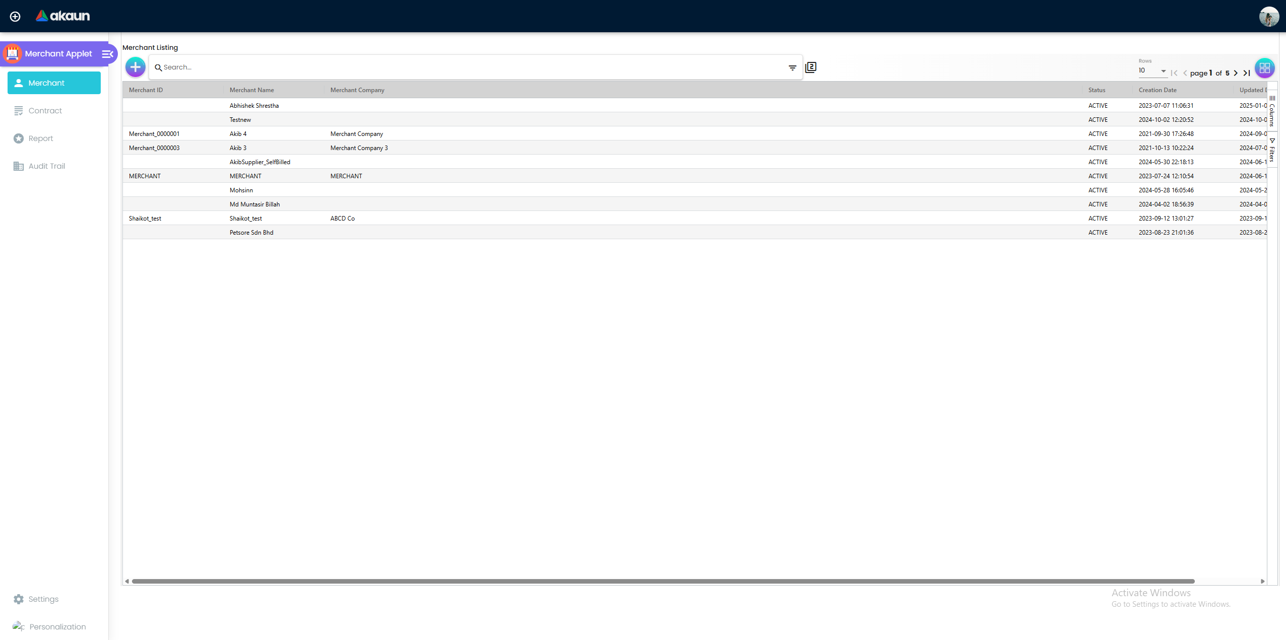 Merchant Applet Listing - comprehensive view of all registered merchants including Merchant ID, Name, and Status