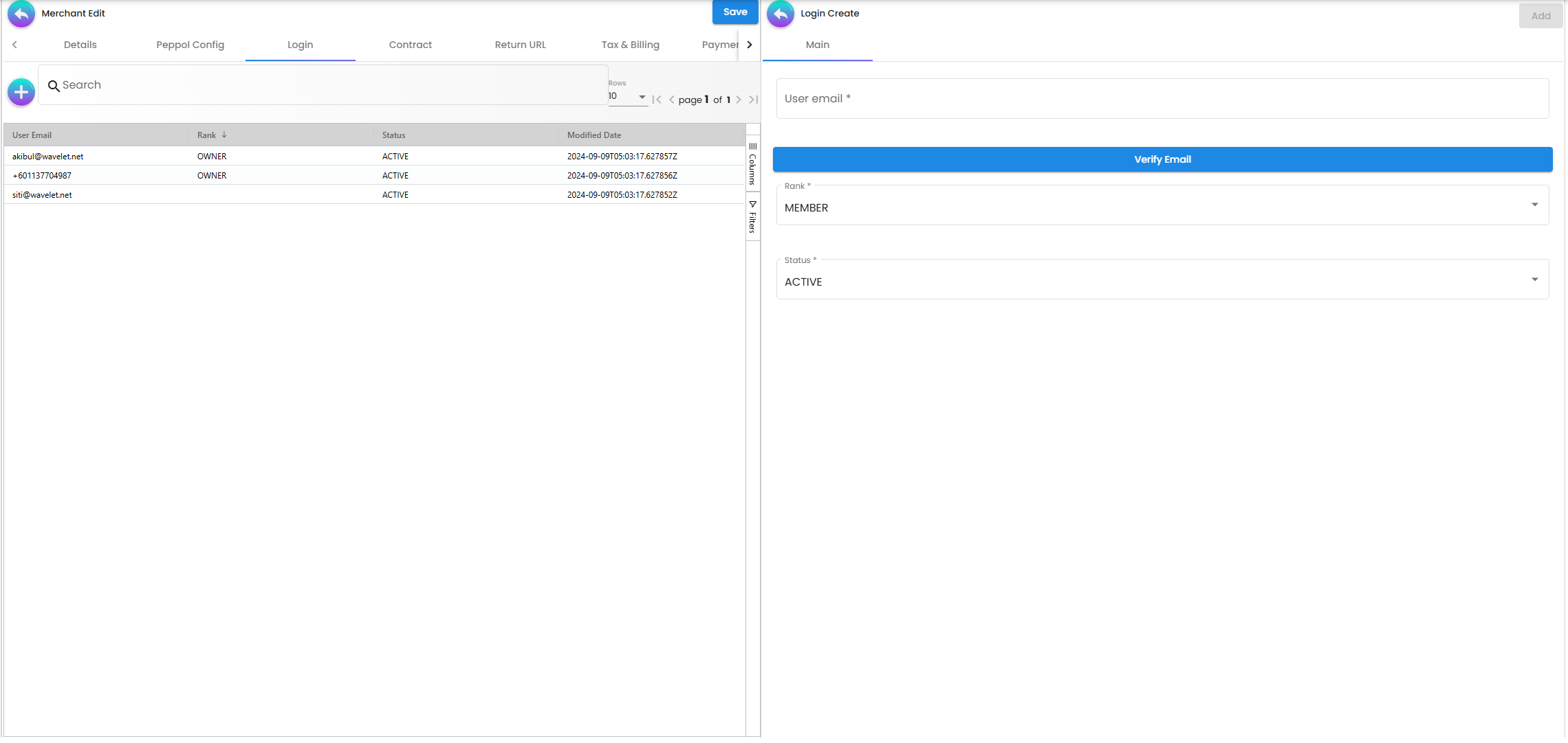 Merchant Login Tab - portal access management for merchant staff