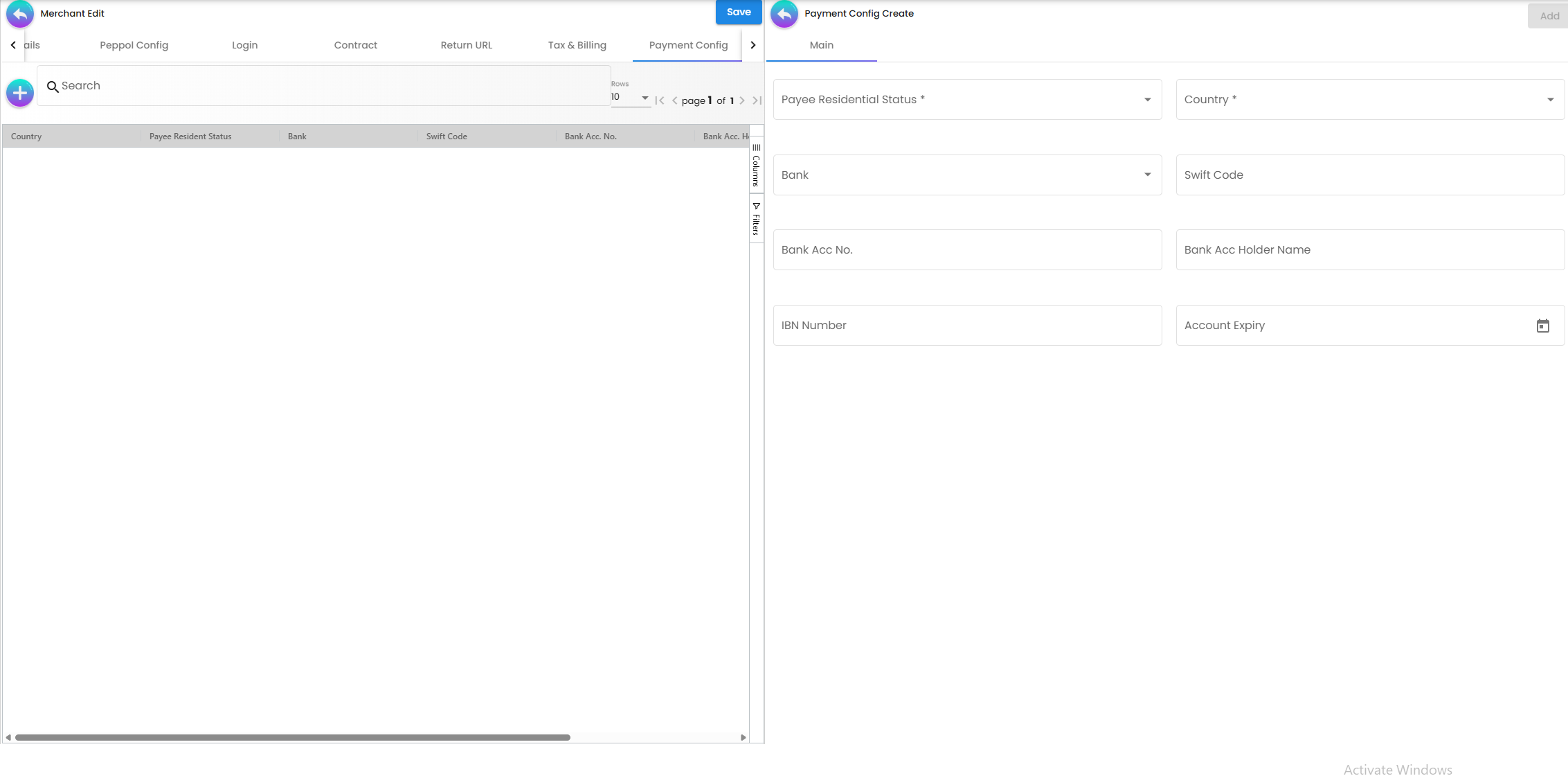 Payment Config Tab - technical settings for active payment channels