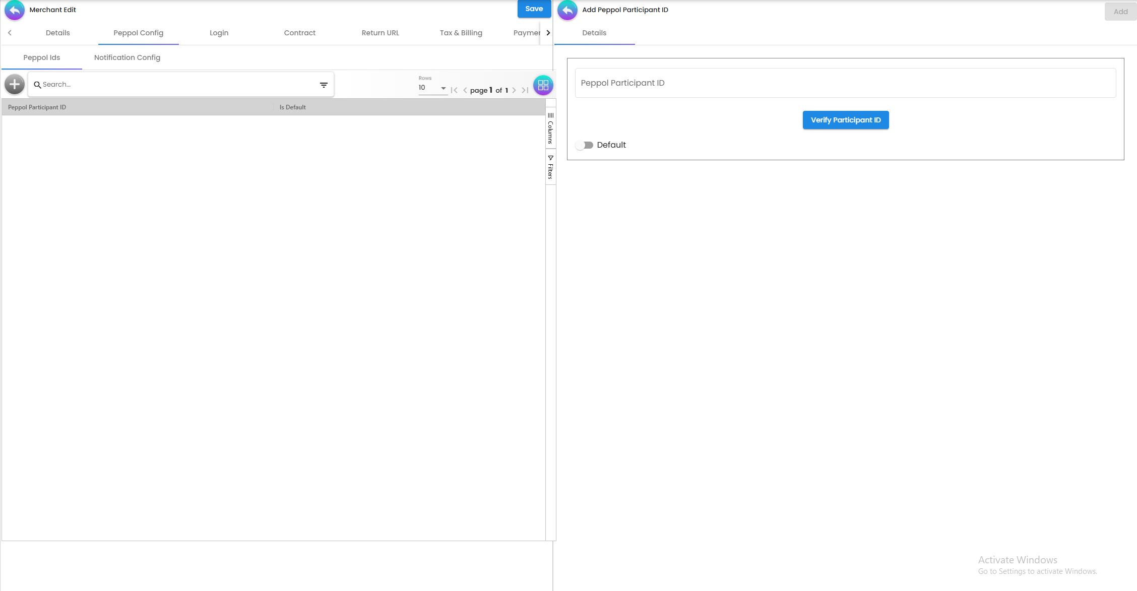 Peppol Config Tab - registration settings for international e-invoicing infrastructure