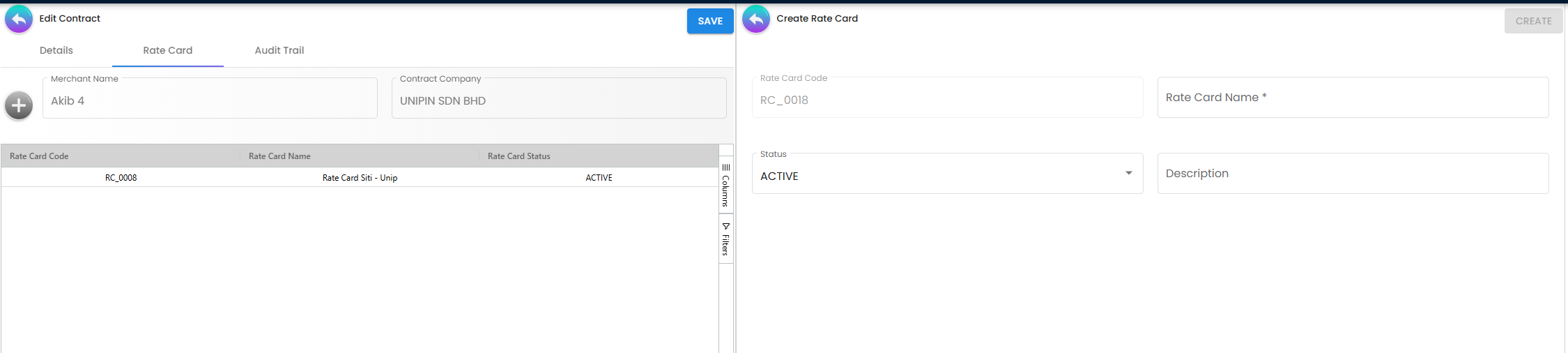 Rate Card View - detailed breakdown of fees per payment channel
