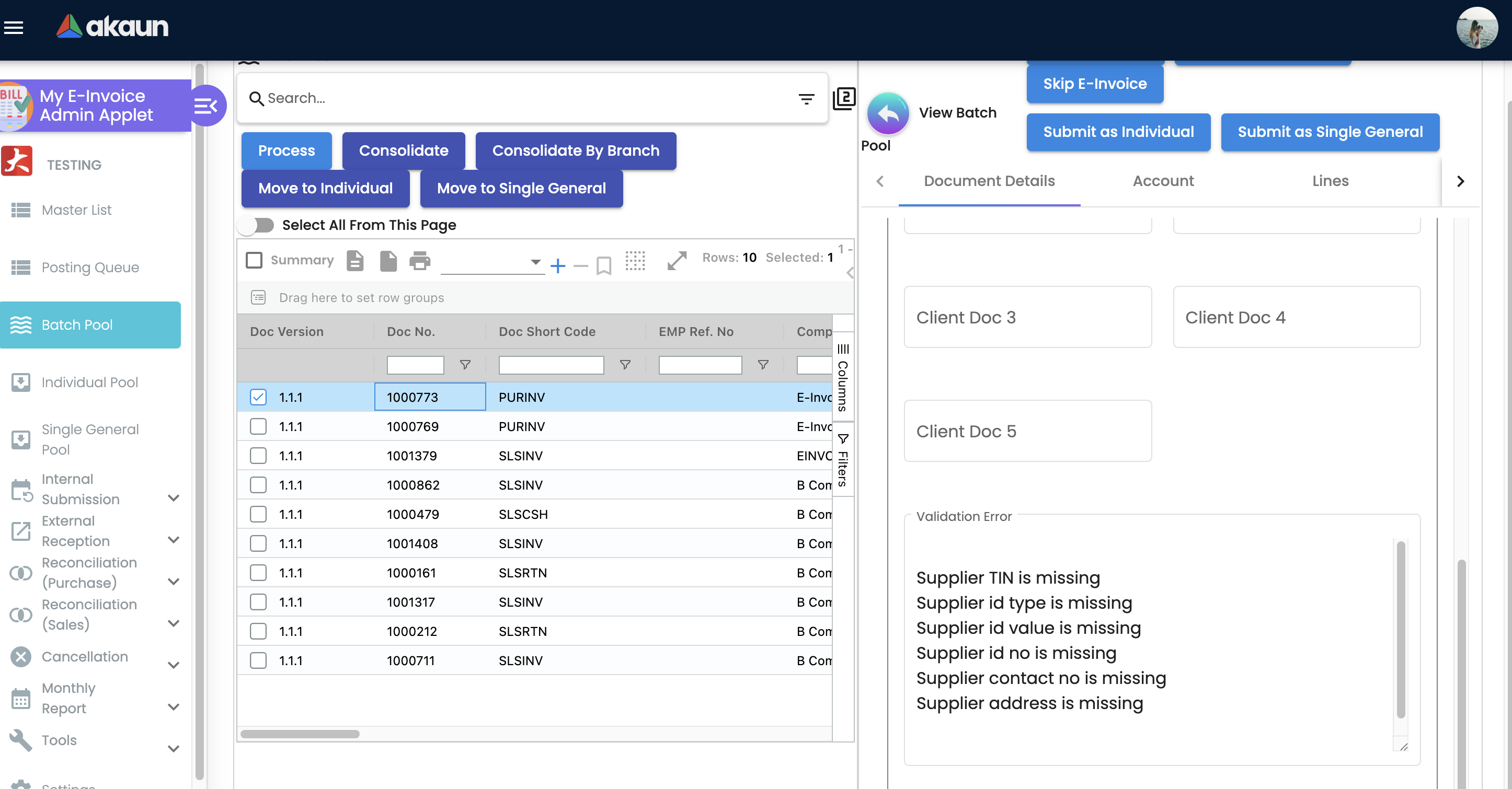 Batch Pool with a document selected showing the Validation Error panel listing missing fields such as Supplier TIN, Supplier ID type, and Supplier address