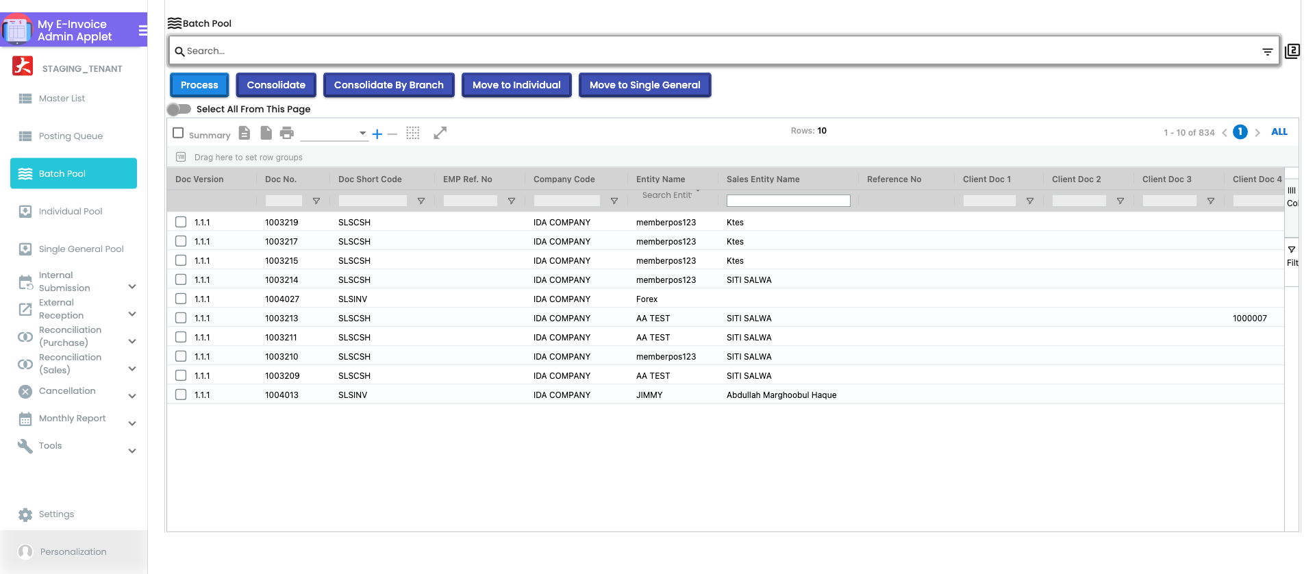 Batch Pool listing page showing bulk submission batches with per-document validation status, LHDN error codes, and inline resubmission options