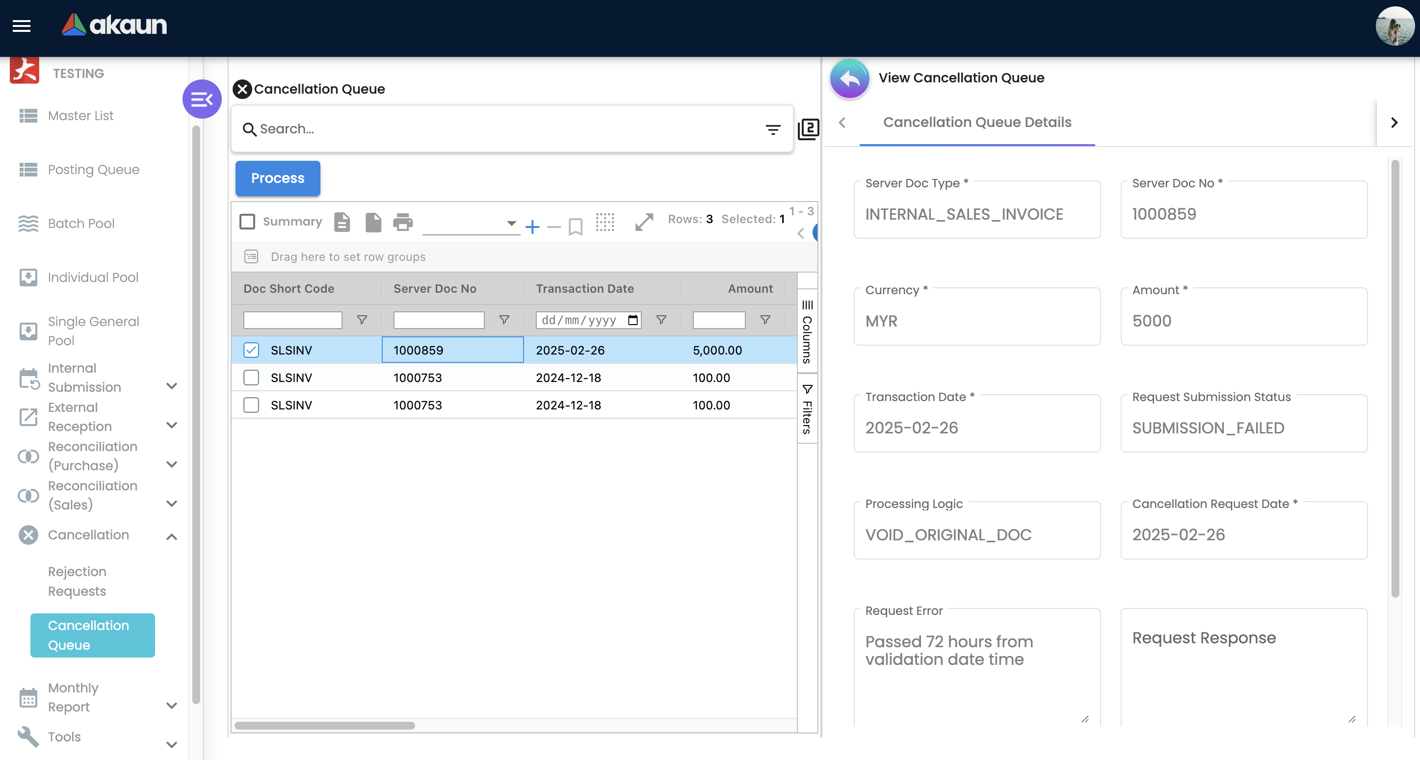 Cancellation Queue with detail panel showing Server Doc Type, Currency, Amount, Transaction Date, Request Submission Status, Processing Logic, Cancellation Request Date, and Request Error fields