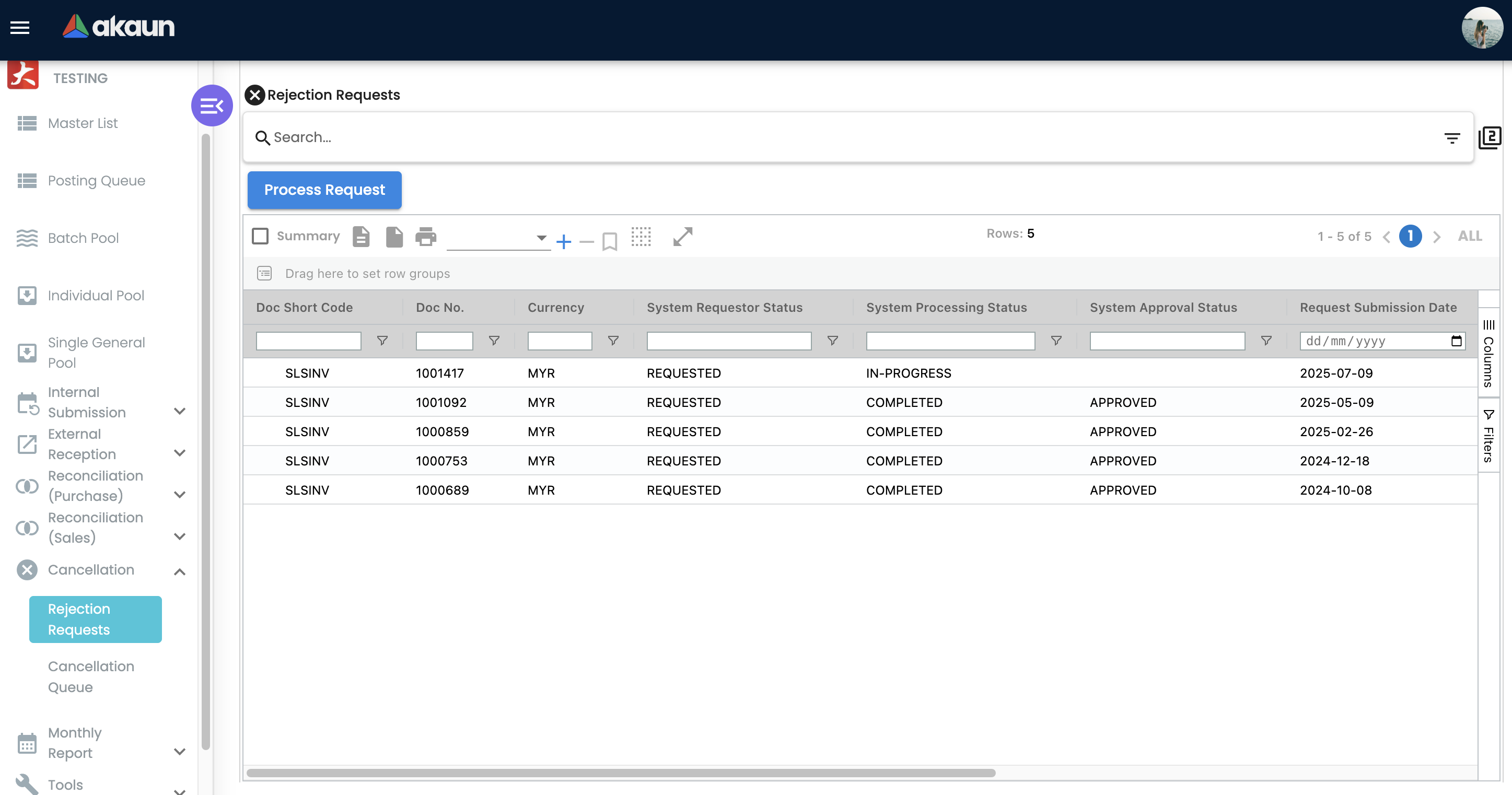 Rejection Requests listing showing documents with System Requestor Status, System Processing Status, System Approval Status, and Request Submission Date columns