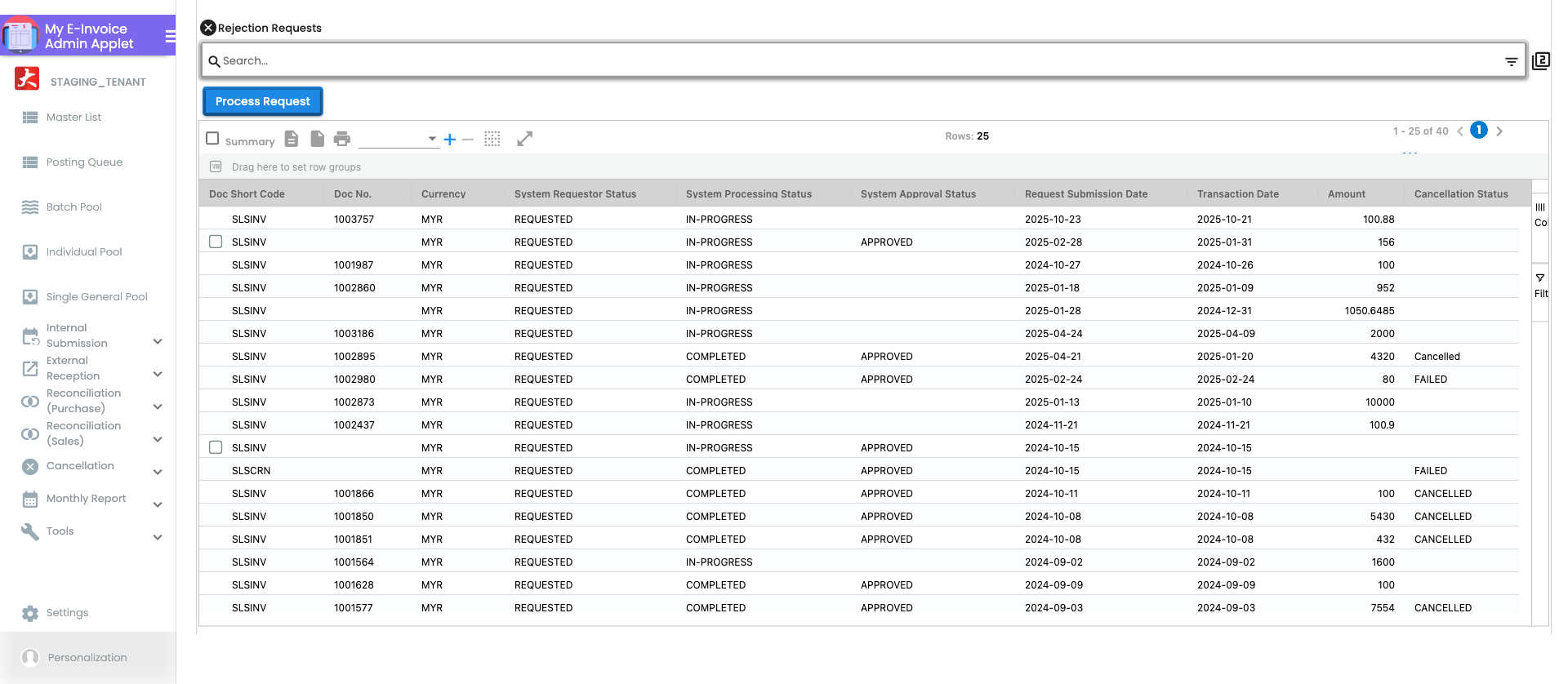 Cancellation listing page showing rejection requests submitted to LHDN with document reference, cancellation reason, request date and LHDN approval status