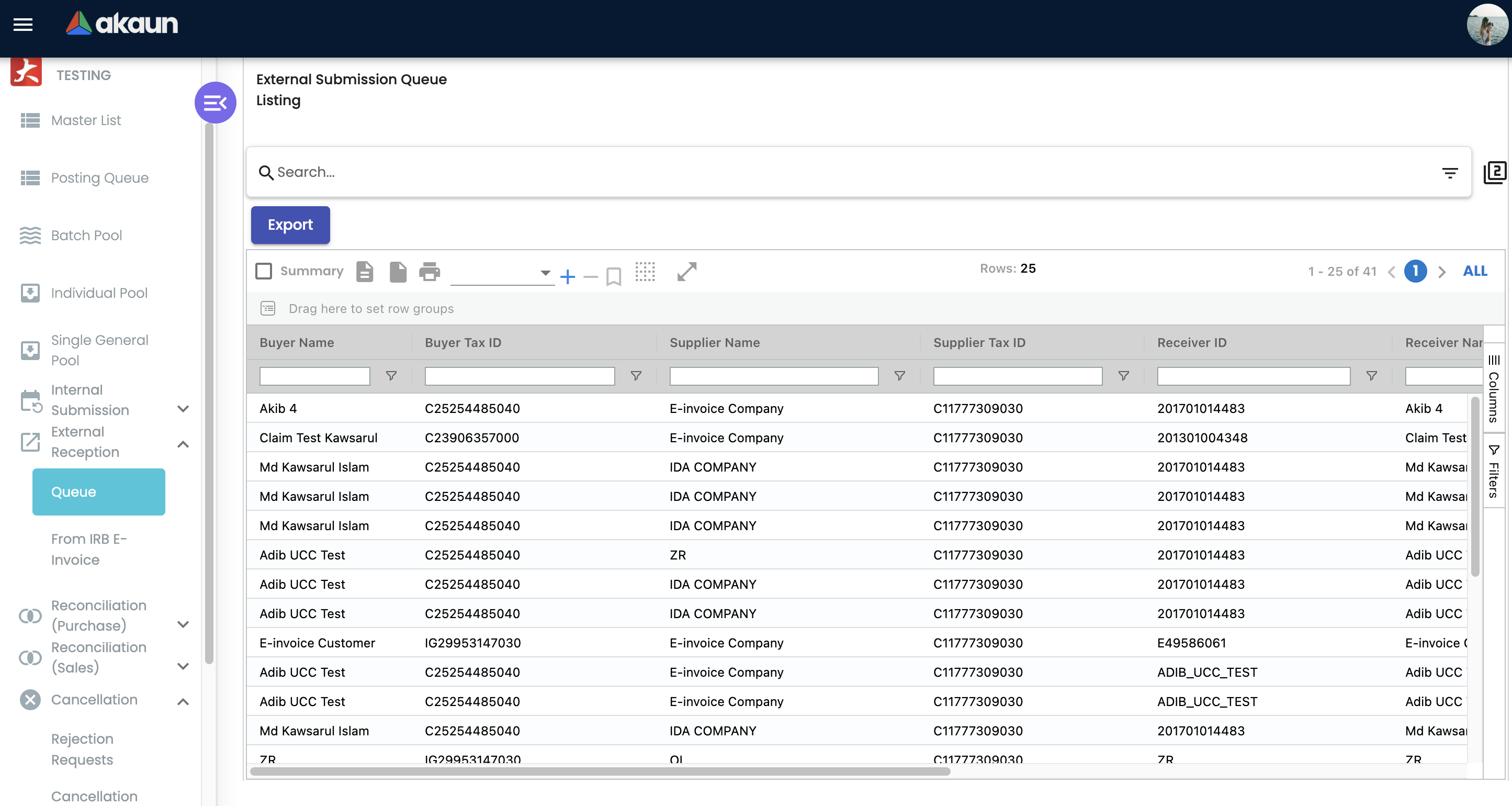 External Submission Queue Listing showing incoming documents with Buyer Name, Buyer Tax ID, Supplier Name, Supplier Tax ID, Receiver ID, and Receiver Name columns