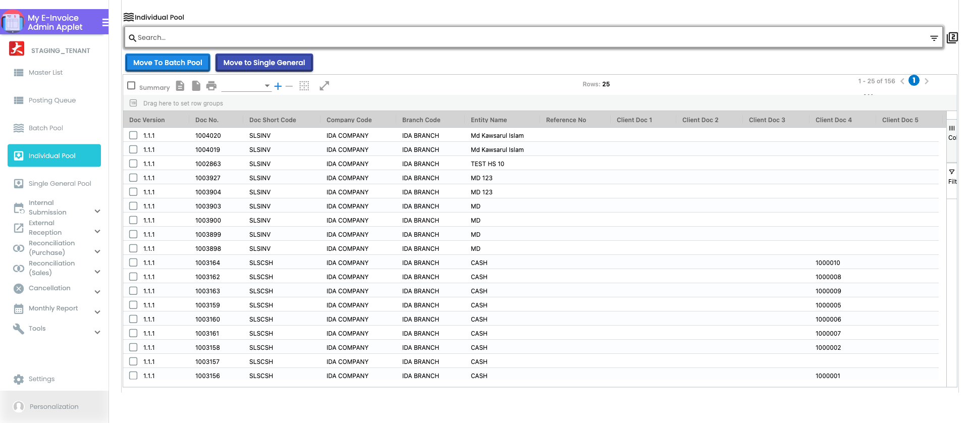 Individual Pool listing page showing individually submitted e-invoices with document details, LHDN validation status and Process ID