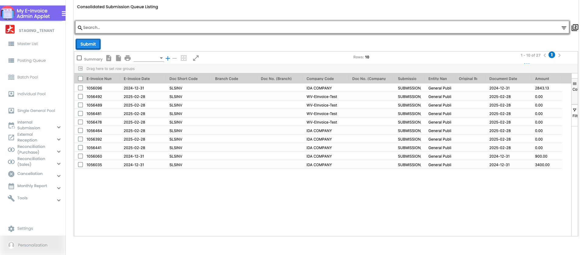 Consolidated Submission listing showing grouped document submissions with batch reference number, total count, submission date and LHDN validation status