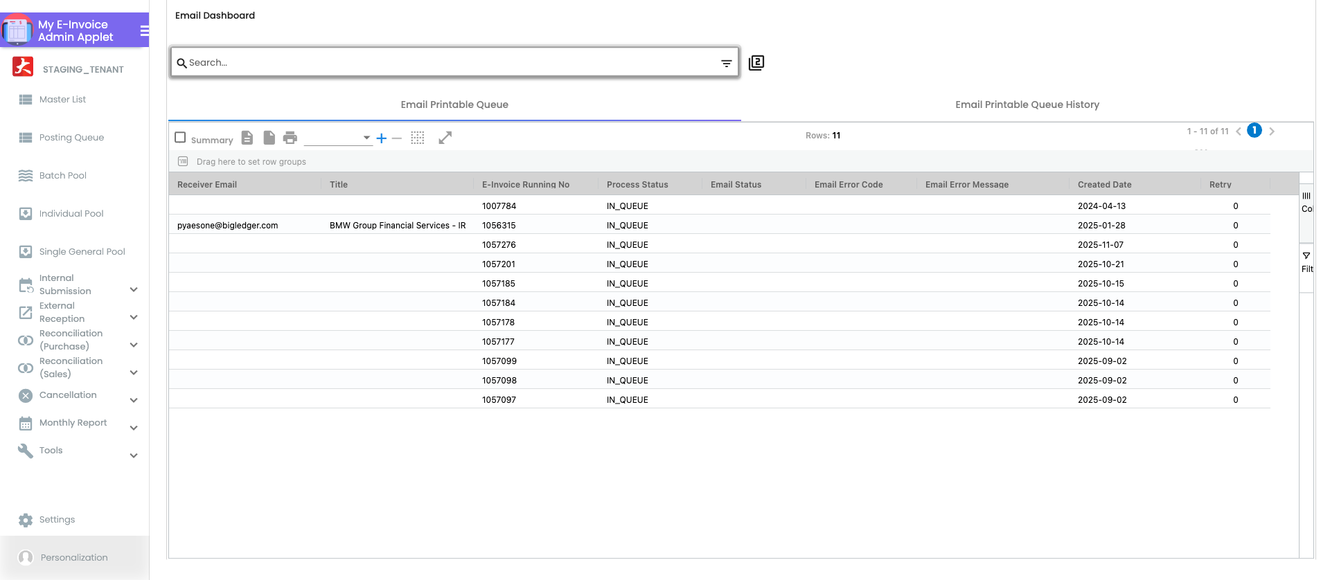 Email Dashboard listing showing automated email notifications sent for e-invoice submission events with recipient address, email subject, event trigger and delivery status