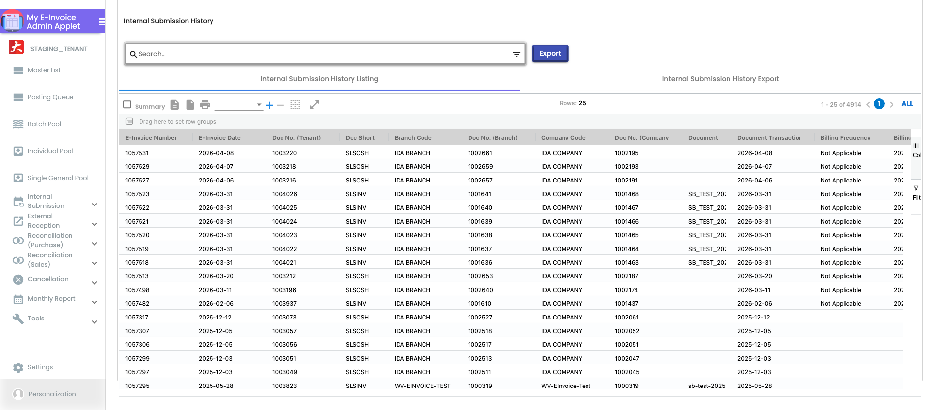 Submission History listing showing complete archive of all LHDN submissions with Process ID, document number, submission date, status, amount and party details