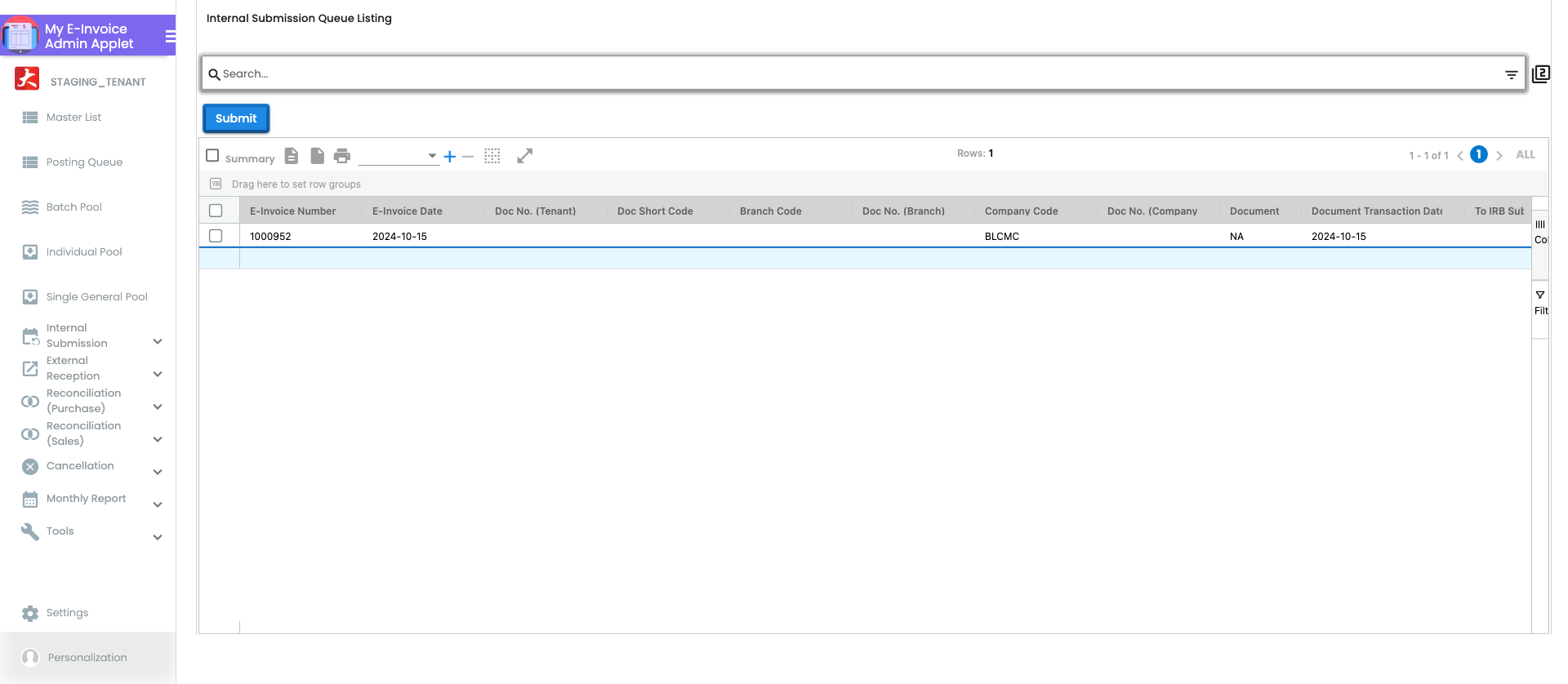 Individual Submission listing showing documents submitted one at a time with LHDN response status and submission timestamp