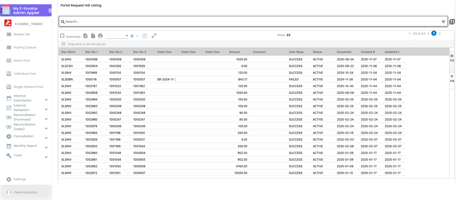 Portal Request listing showing requests made to the LHDN MyInvois portal with request type, reference number, request date and current status