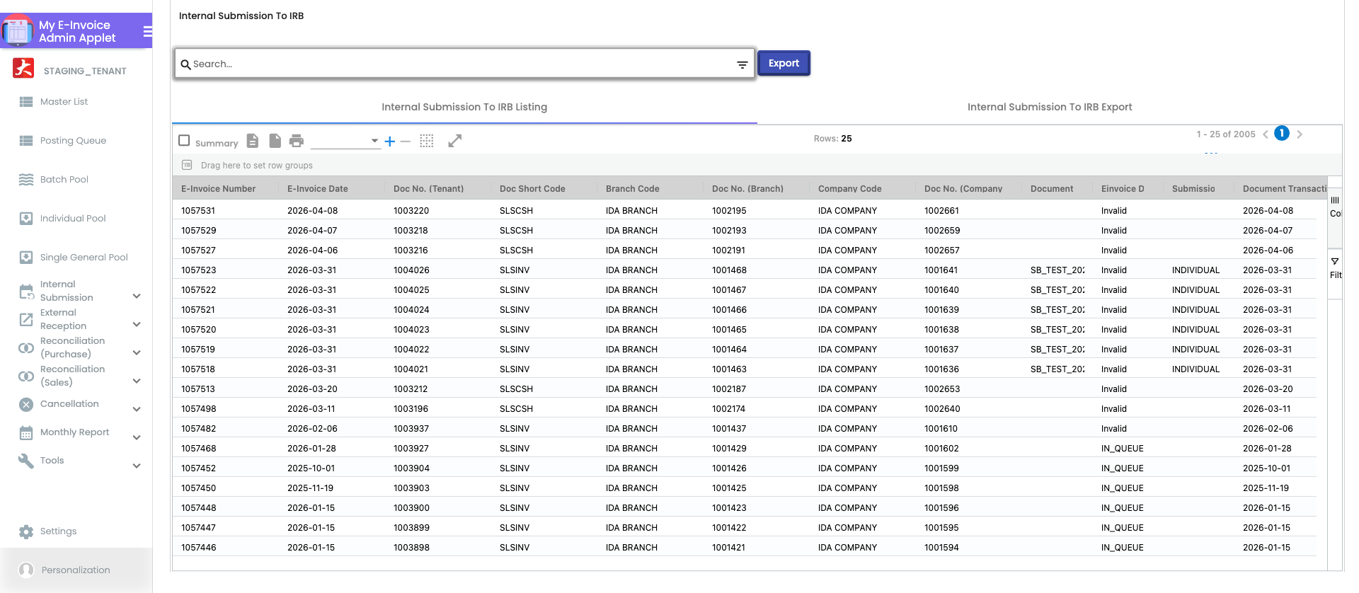 To IRB E-Invoice listing showing documents sent to LHDN IRB portal with tracking number, submission date, document type and current status