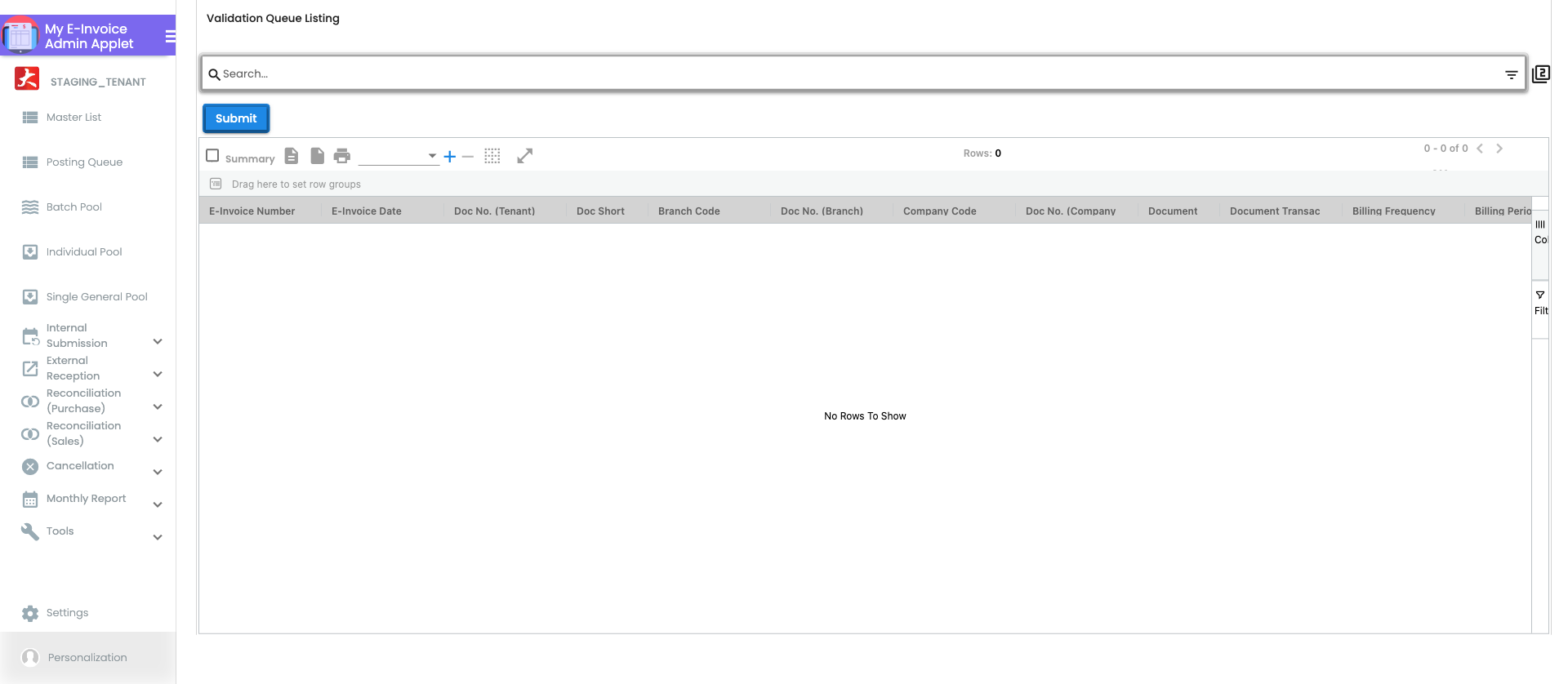 Validation Queue listing showing documents currently awaiting LHDN validation response with queue position and submission timestamp