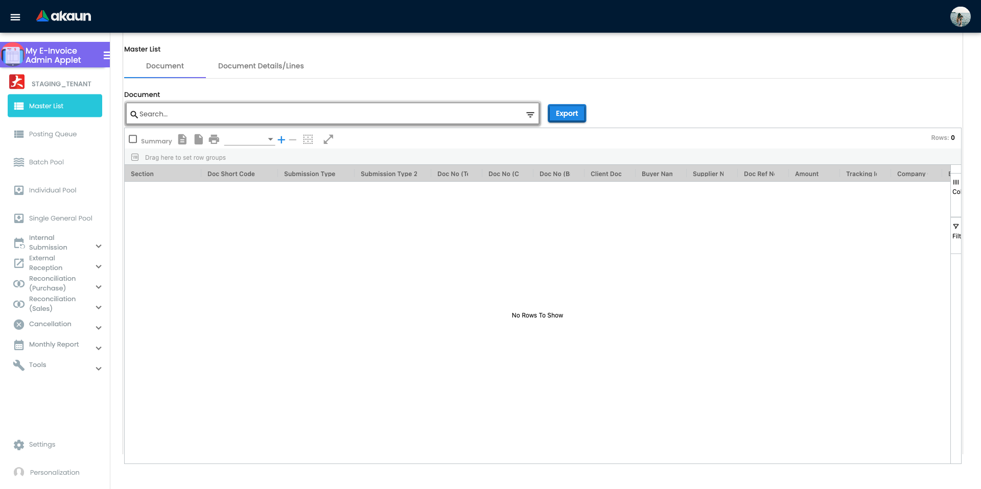 My E-Invoice Admin Applet Master List showing all submitted documents with tabs for Document and Document Details/Lines, columns for Section, Doc Short Code, Submission Type, Amount, and Status