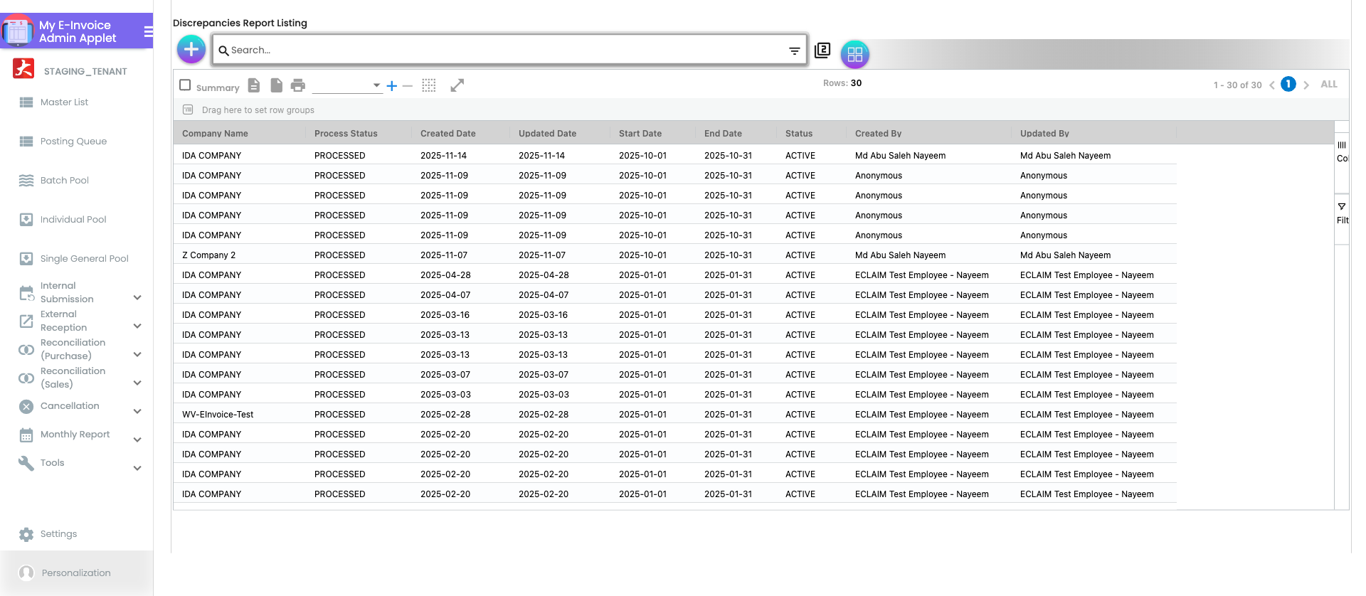 Monthly Report showing a Discrepancies Report with period selector, submission totals, and a breakdown of submitted vs discrepant documents by type