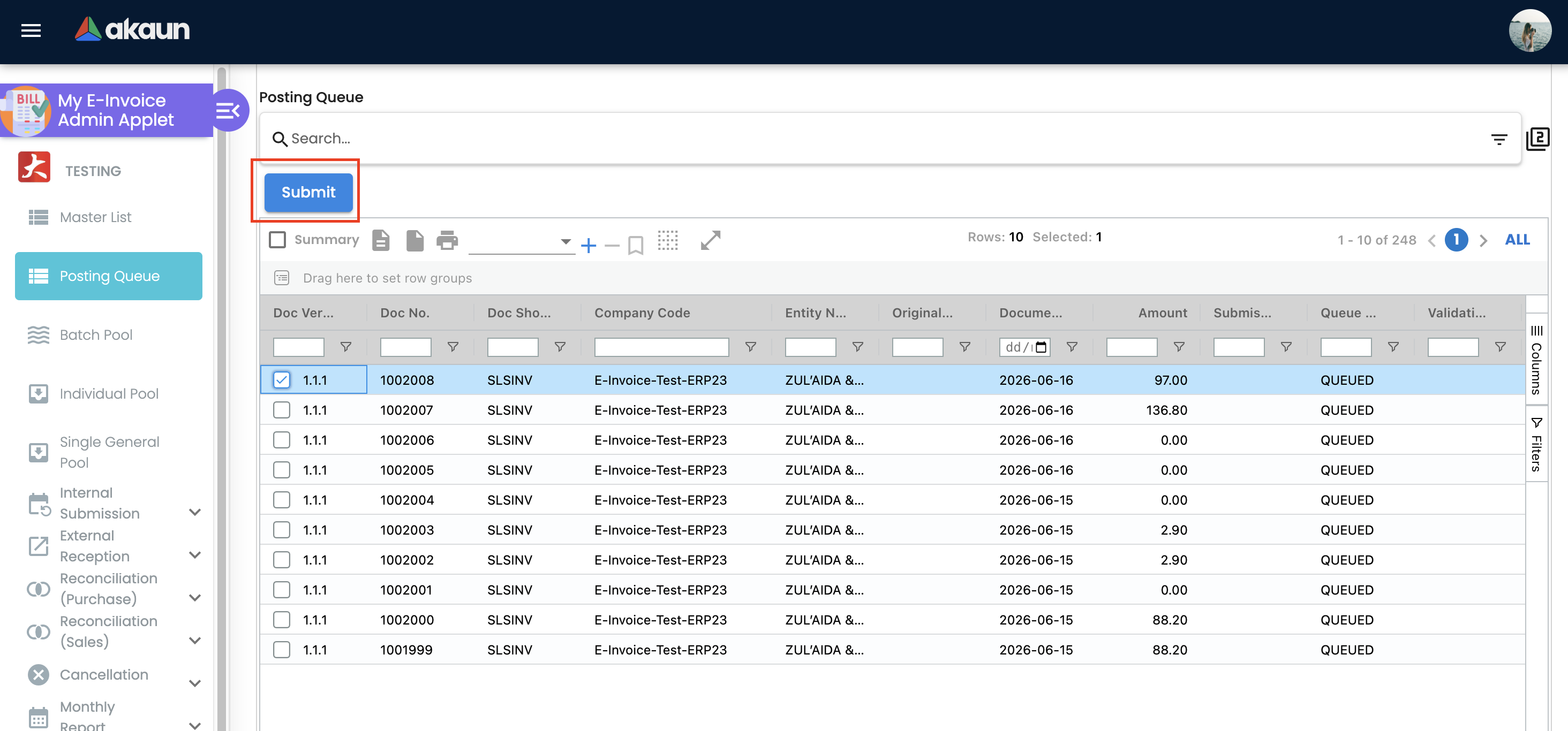 Posting Queue listing with a document selected and the Submit button highlighted