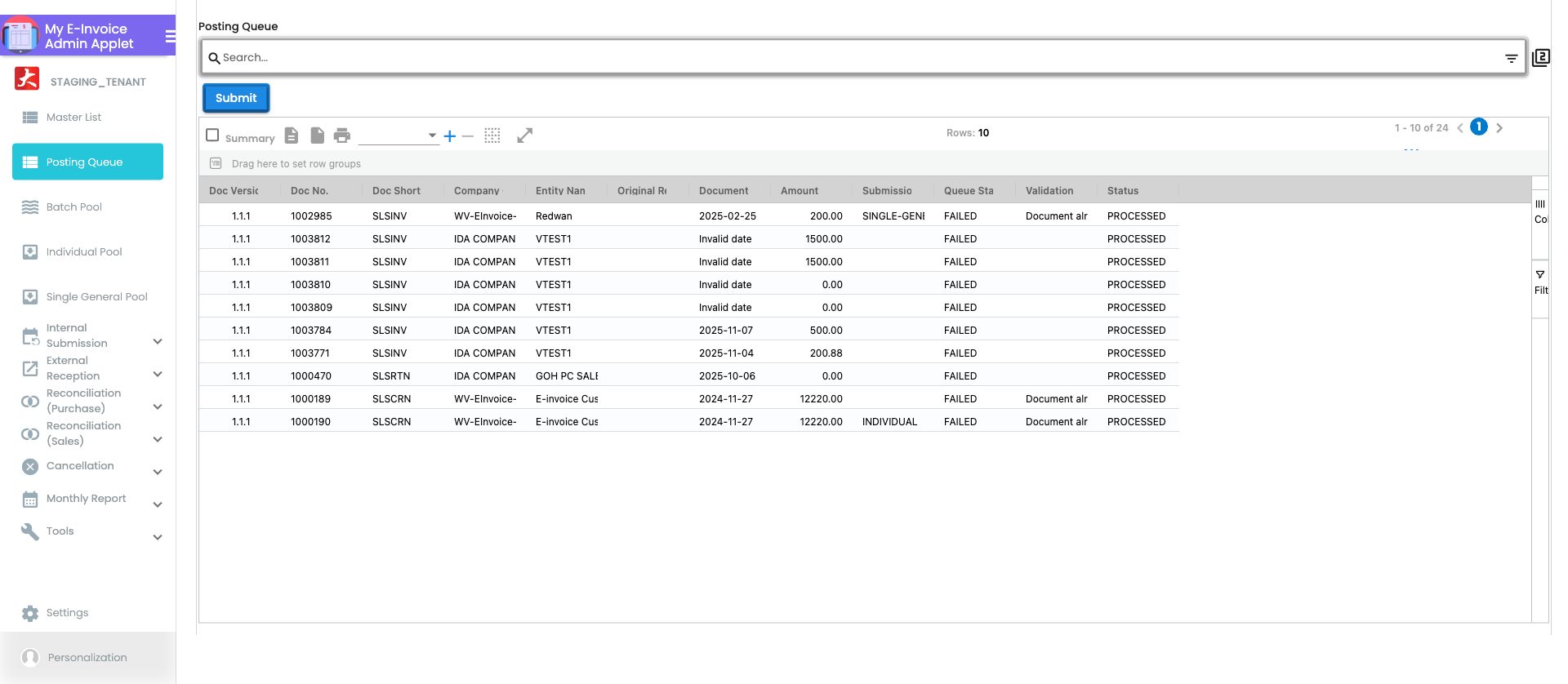 Posting Queue listing page showing documents staged for LHDN submission with columns for Doc No, Company, Entity Name, Original amount, Document amount, Submission status, Queue status, and Validation status