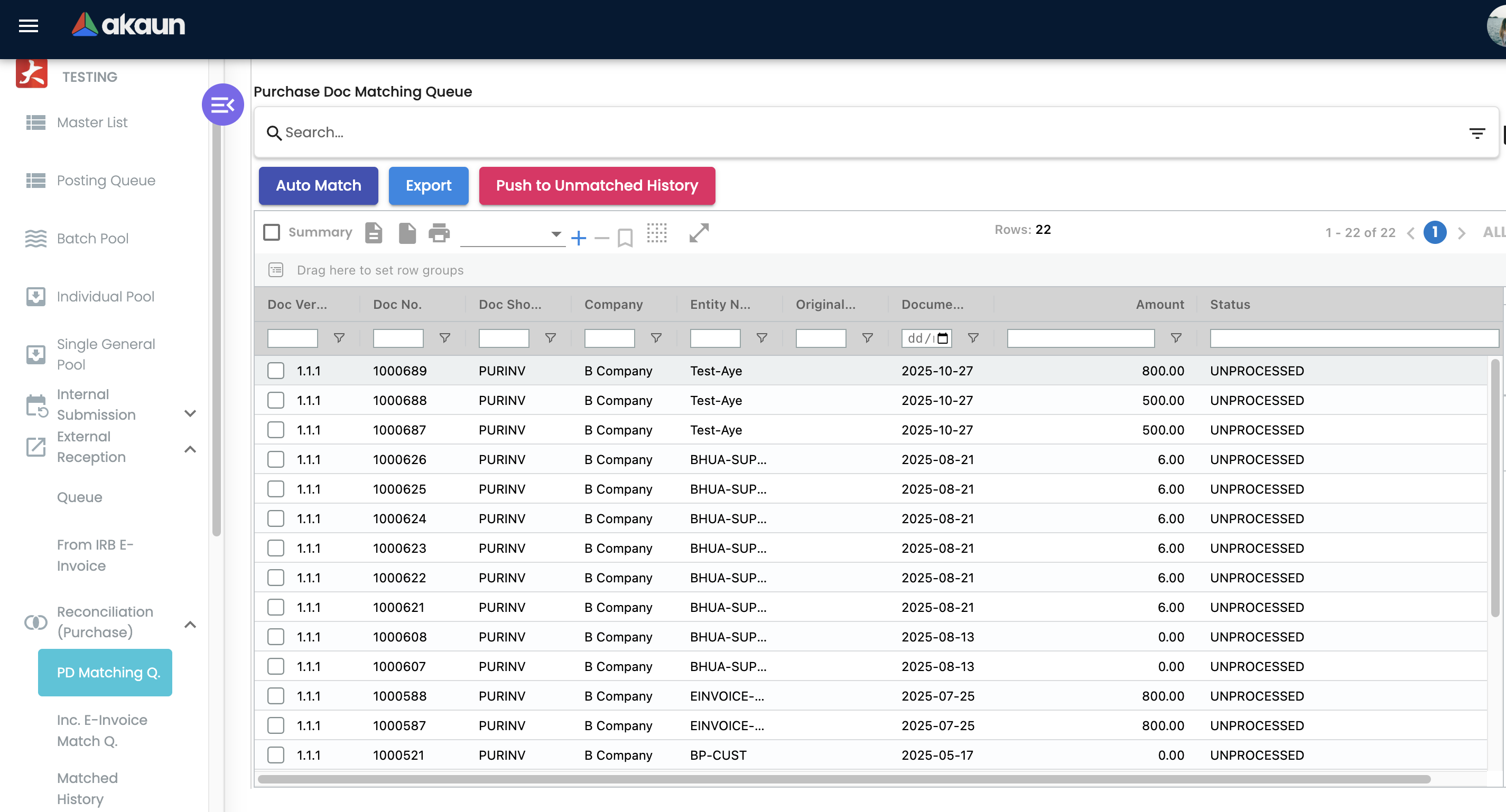 Purchase Doc Matching Queue listing showing documents with Doc Version, Doc No, Doc Short Code, Company, Entity Name, Document Date, Amount, and Status columns, with Auto Match, Export, and Push to Unmatched History action buttons