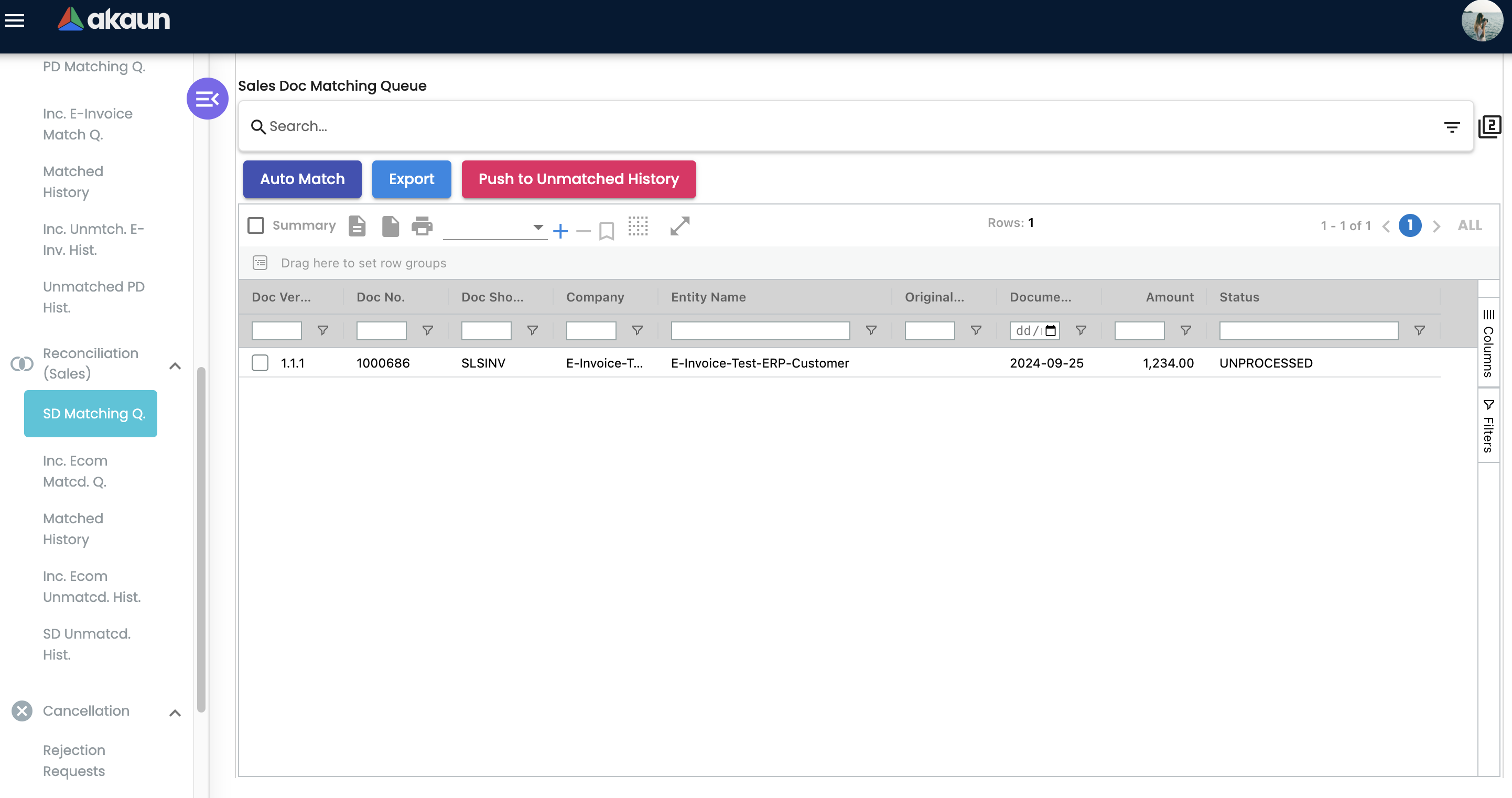 Sales Doc Matching Queue listing showing documents with Doc Version, Doc No, Doc Short Code, Company, Entity Name, Document Date, Amount, and Status columns, with Auto Match, Export, and Push to Unmatched History action buttons