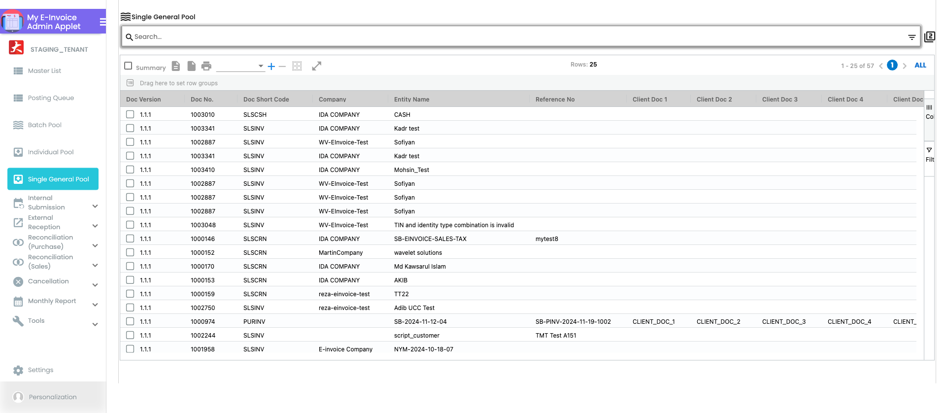 Single General Pool listing showing consolidated single submissions with document reference, amount, status and tracking details