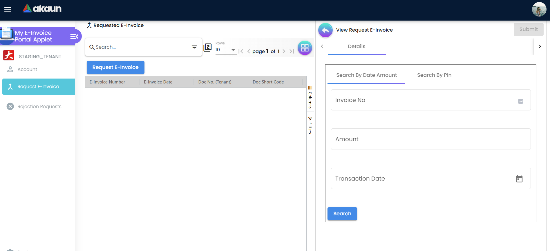 Requested E-Invoice Interface displaying the LHDN submission status queue