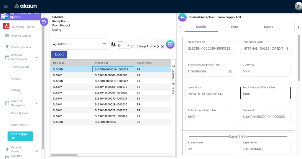 External Reception From Peppol Edit detail view showing Document No, Document Type, Amounts, and Buyer's Info