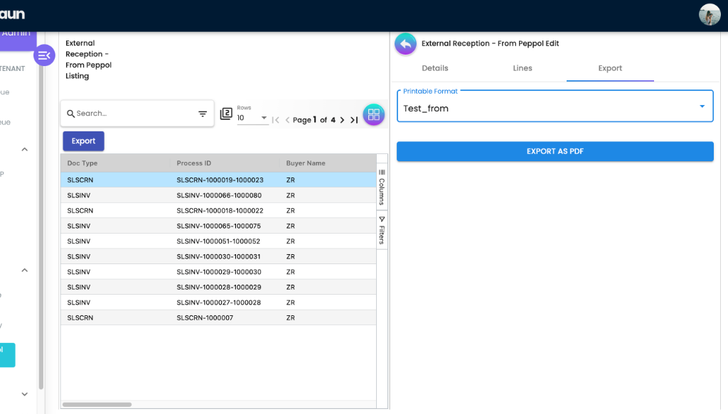 External Reception From Peppol Edit panel showing the Export tab with Printable Format dropdown and EXPORT AS PDF button