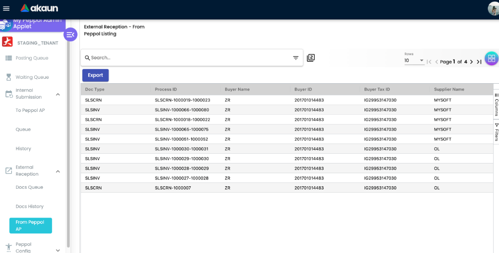External Reception From Peppol AP listing showing incoming invoices with Process IDs and Buyer details