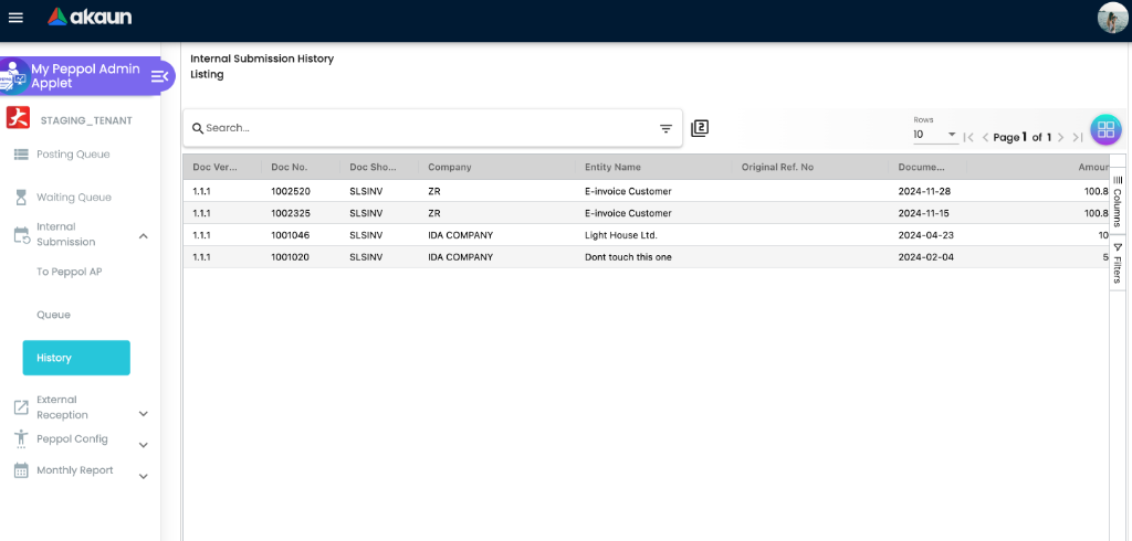Internal Submission History listing showing successfully transmitted documents with Sent Dates and Amounts