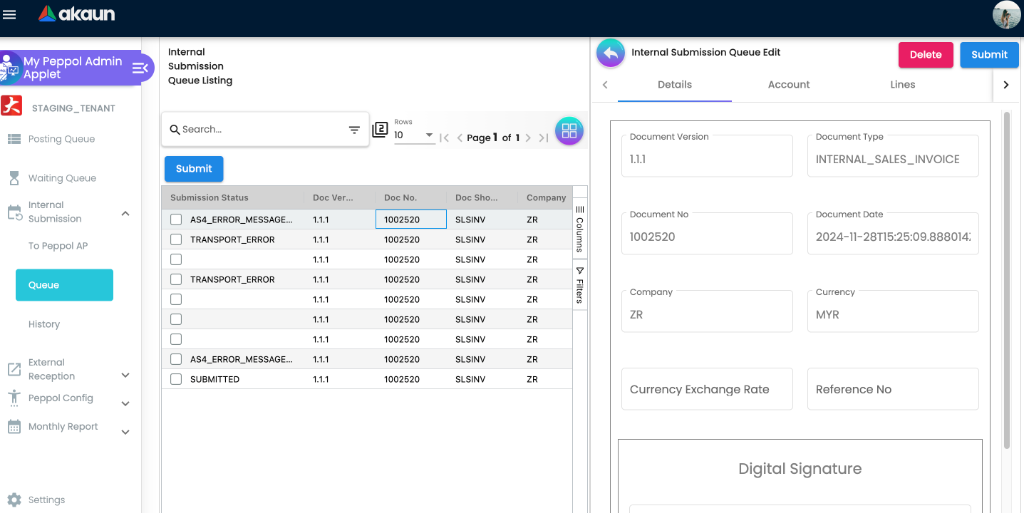 Internal Submission Queue Edit view showing document details with Delete and Submit action buttons