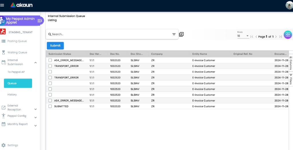 Internal Submission Queue listing showing documents with transmission errors like AS4_ERROR and TRANSPORT_ERROR