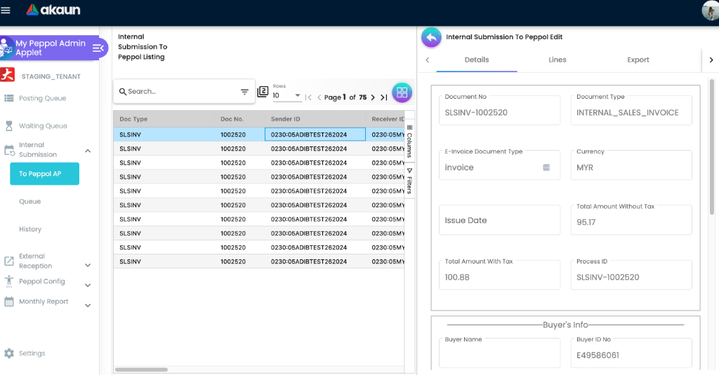 Internal Submission To Peppol Edit detail view showing Document No, Document Type, Currency, Issue Date, Amounts, Process ID, and Buyer's Info