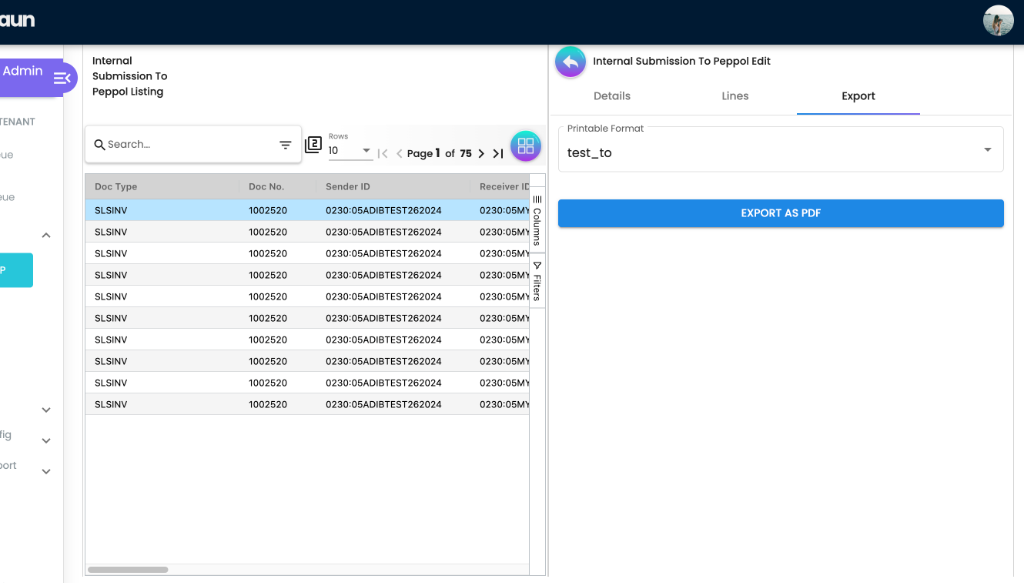 Internal Submission To Peppol Edit panel showing the Export tab with Printable Format dropdown and EXPORT AS PDF button