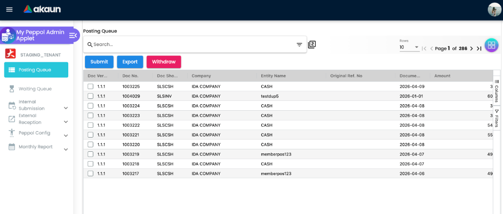 Posting Queue showing list of documents with Submit, Export, and Withdraw buttons