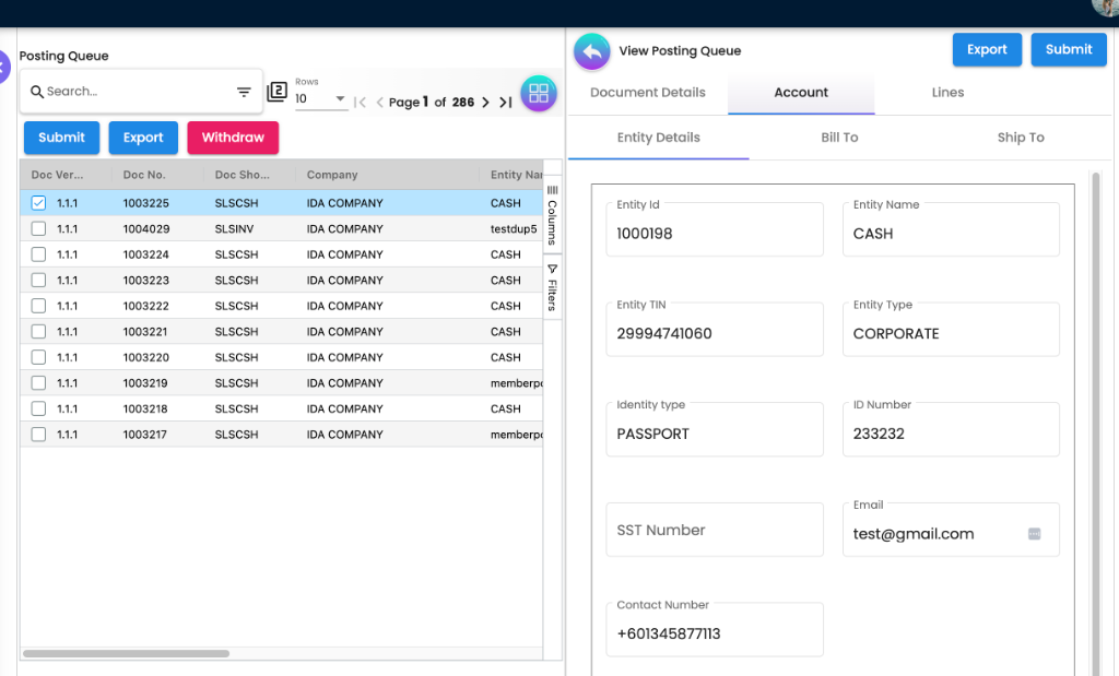 View Posting Queue showing the Account tab with Entity Details like TIN, Identity Type, and Contact Number
