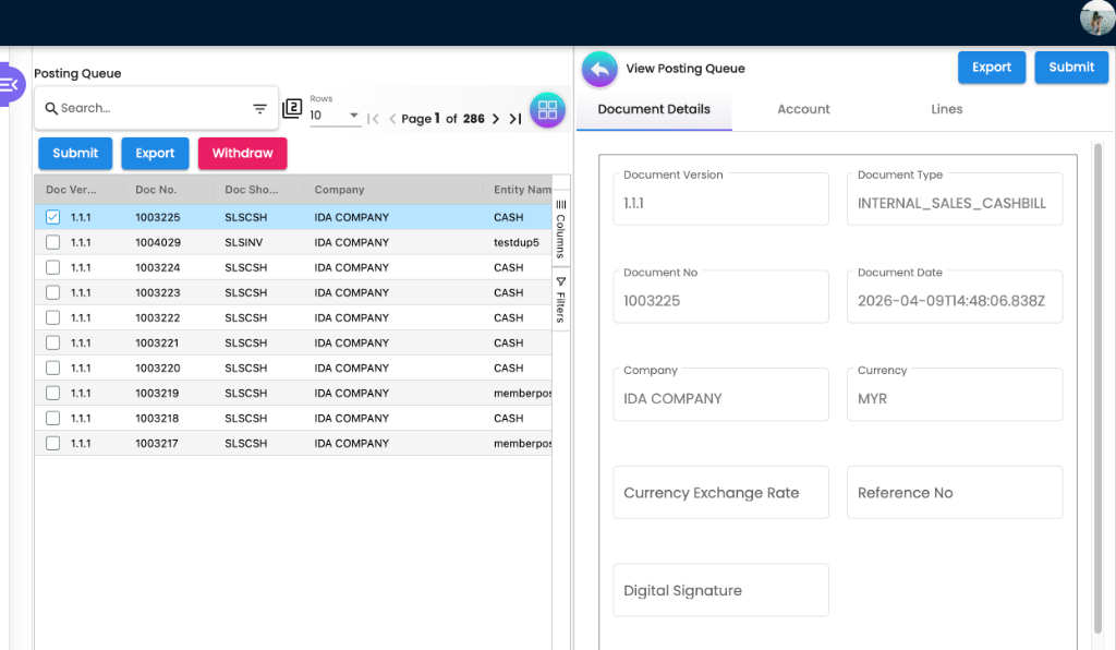 View Posting Queue detail panel showing specific document details like Version, Type, No, Company, and Currency