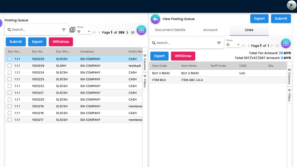 View Posting Queue showing the Lines tab with Item Code, Item Name, Tariff Code, and Quantities