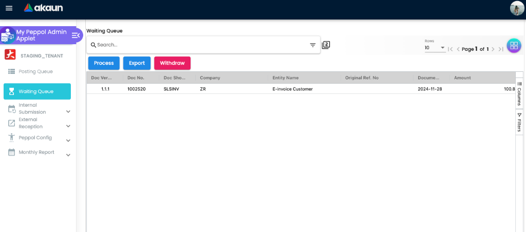 Waiting Queue showing list of documents with Process, Export, and Withdraw buttons